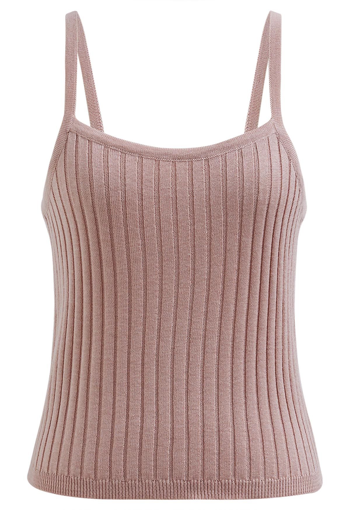 Solid Ribbed Knit Twinset Top in Pink