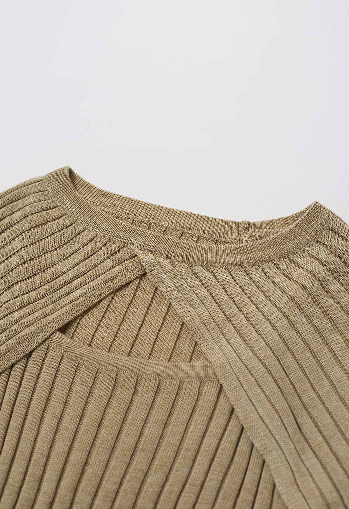 Solid Ribbed Knit Twinset Top in Khaki