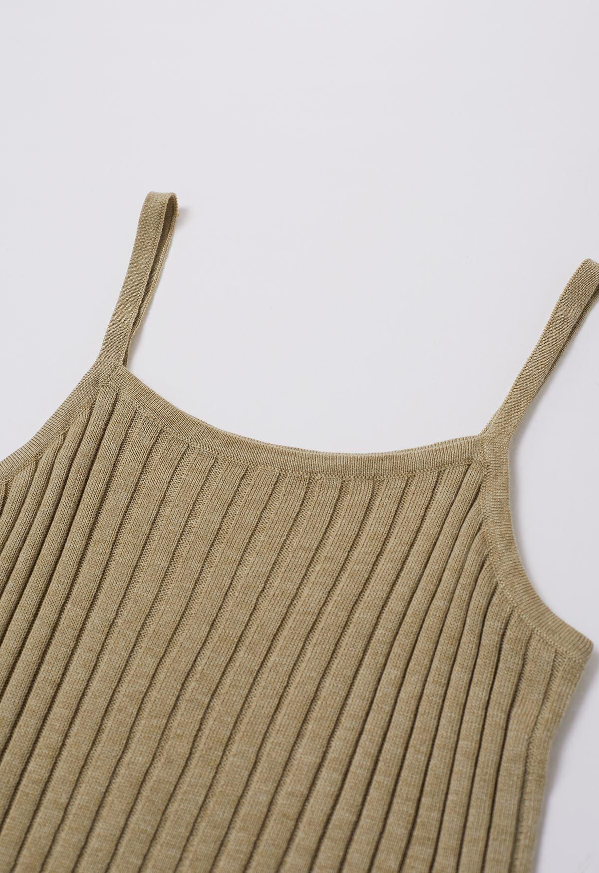 Solid Ribbed Knit Twinset Top in Khaki