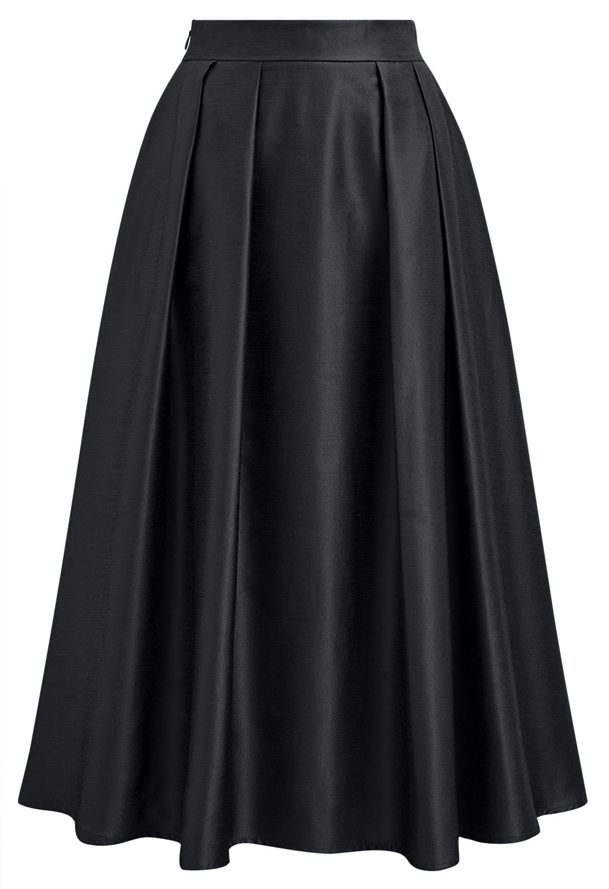 Sleek Side Pockets Pleated A-Line Midi Skirt in Black