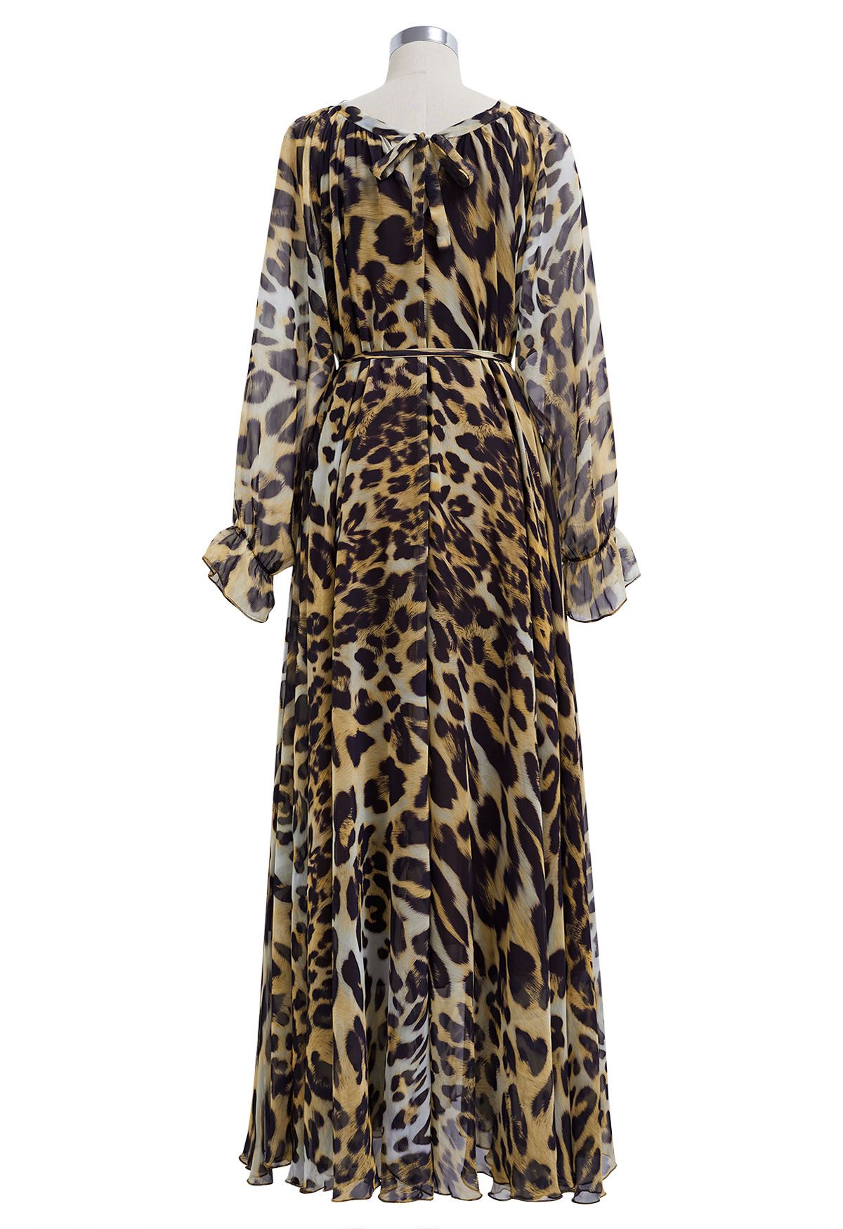 Alluring Animal Print Long-Sleeve Chiffon Maxi Dress