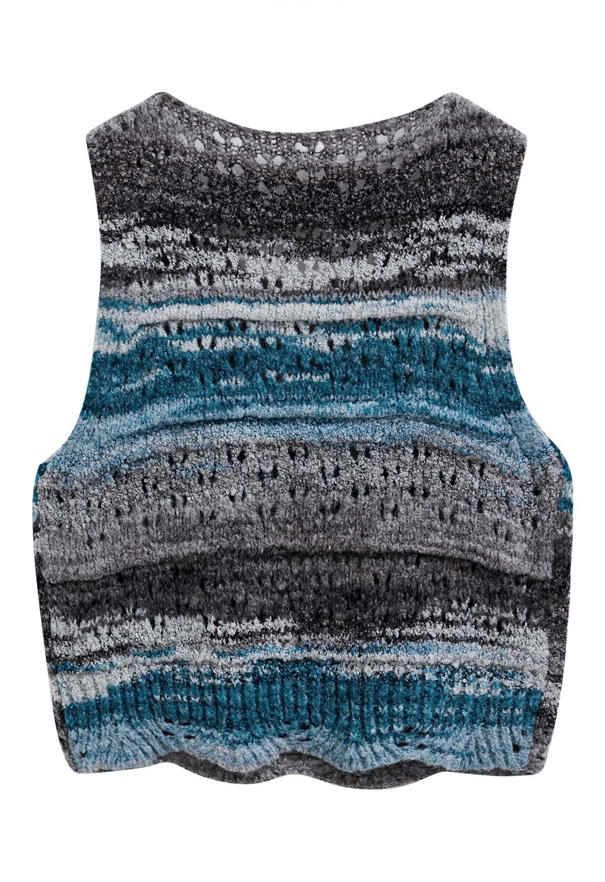 Multicolor Stripes Hollow Out Knit Vest in Blue