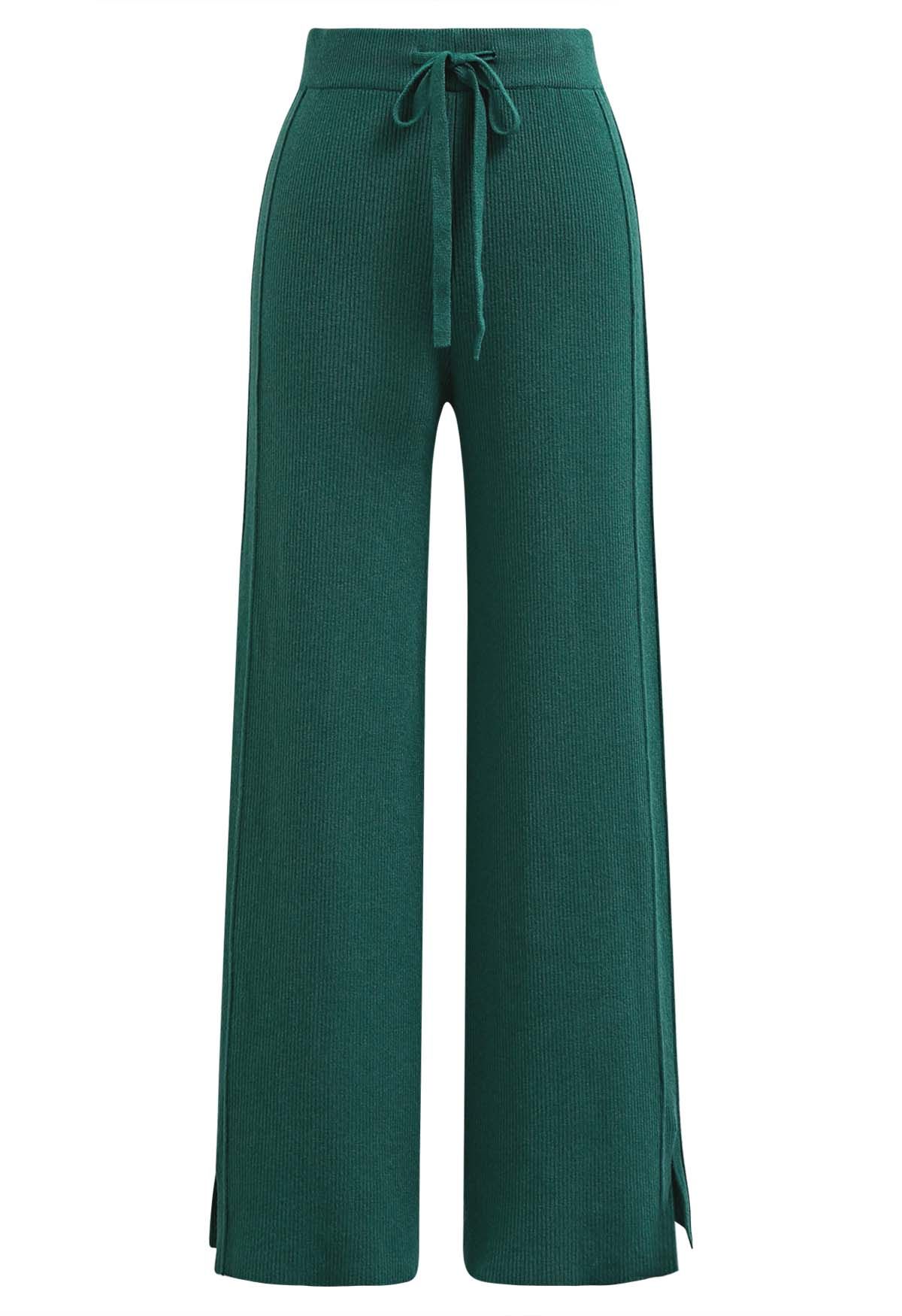 Drawstring Waist Side Slit Knit Pants in Dark Green