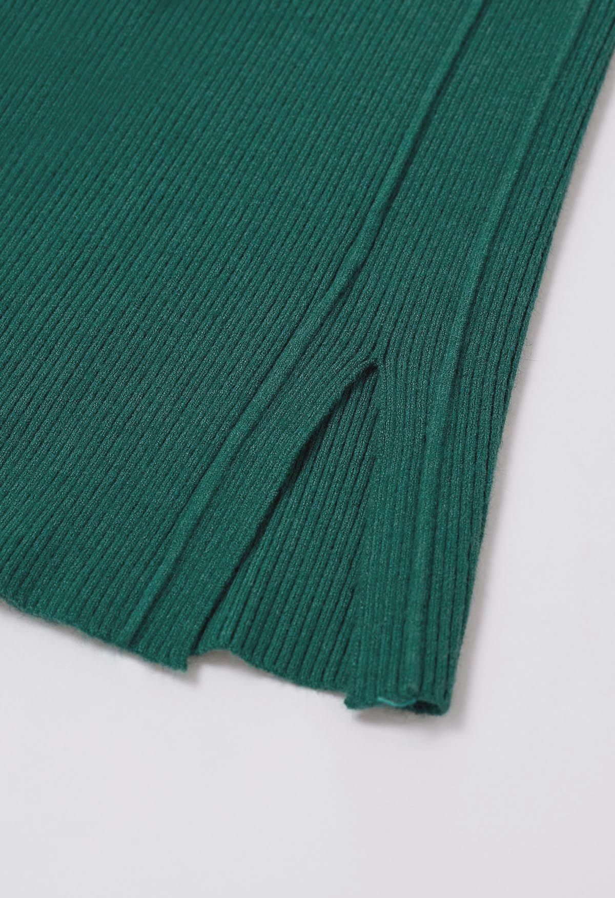 Drawstring Waist Side Slit Knit Pants in Dark Green