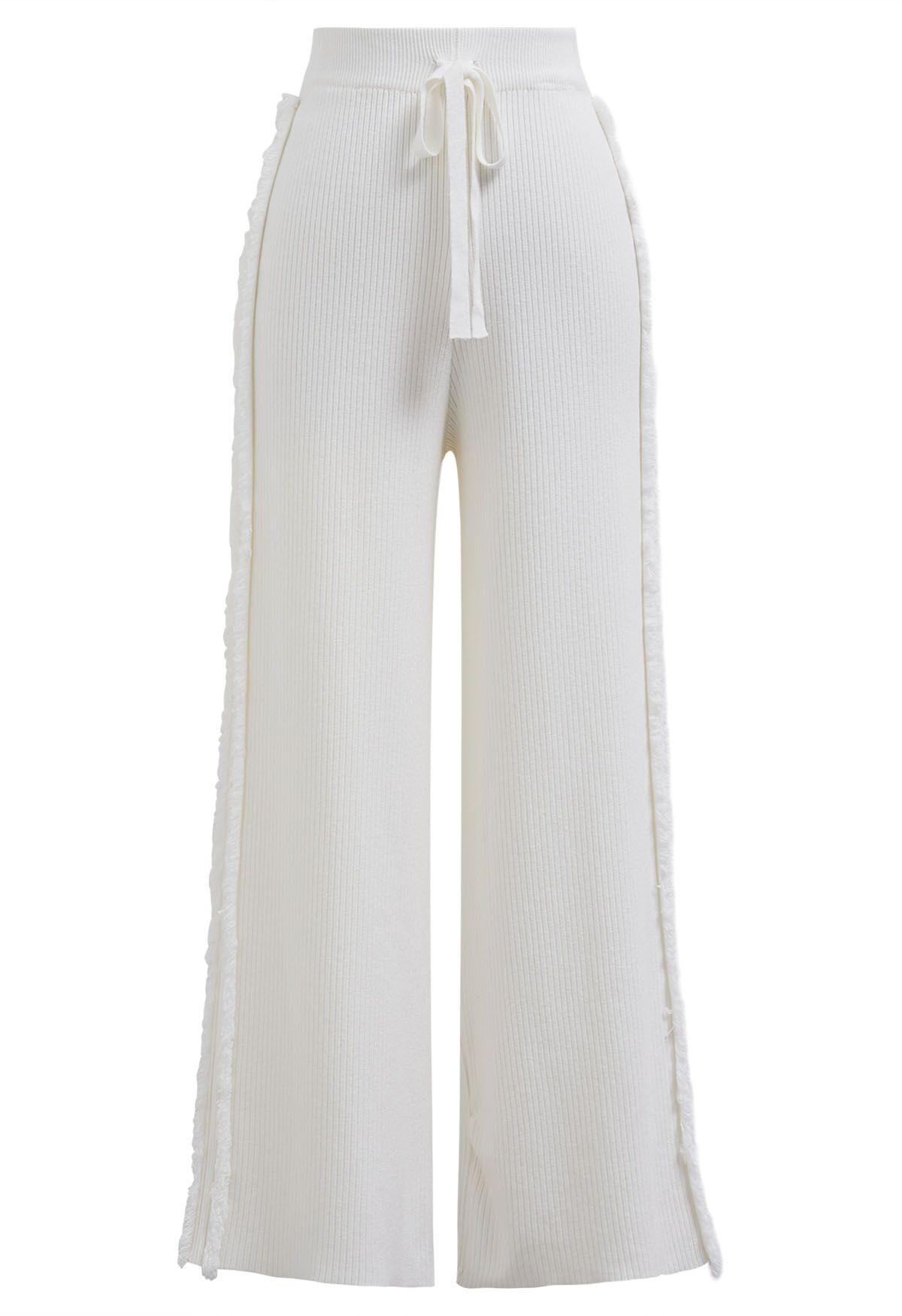 Side Tassel Trim Straight-Leg Knit Pants in White