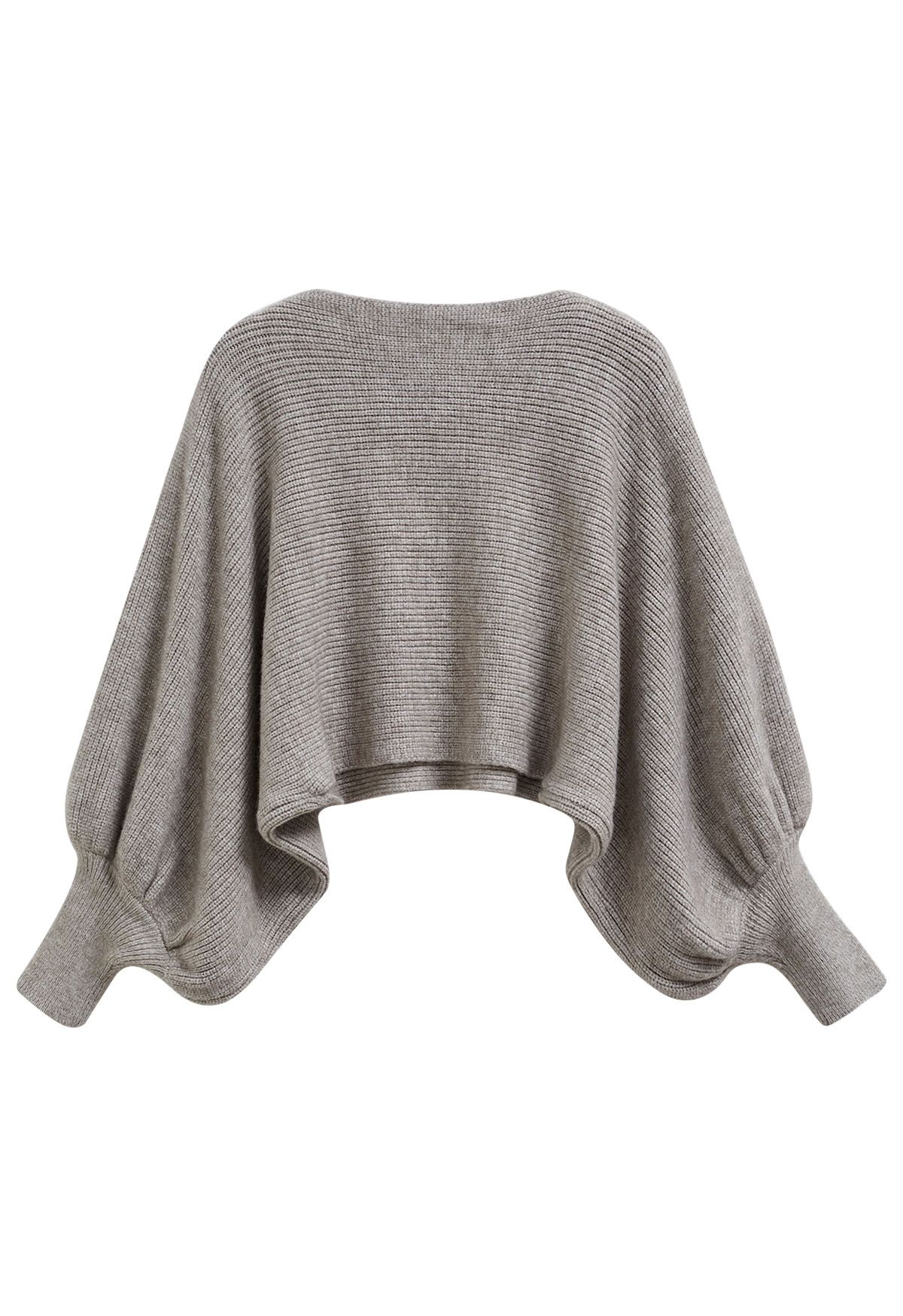 Exaggerated Bubble Sleeve Boat Neck Knit Top in Taupe
