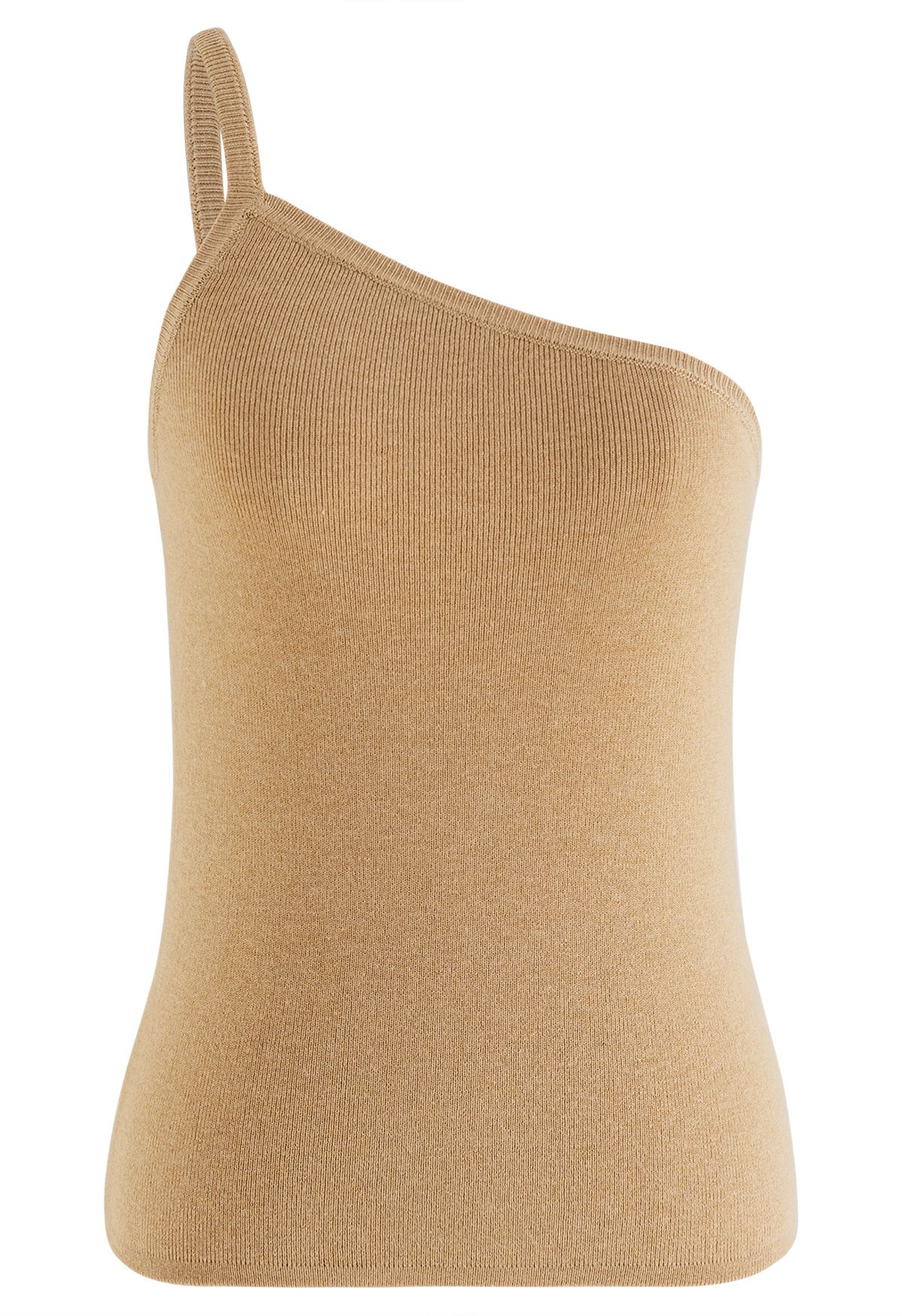 Strappy One-Shoulder Knit Tank Top in Light Tan