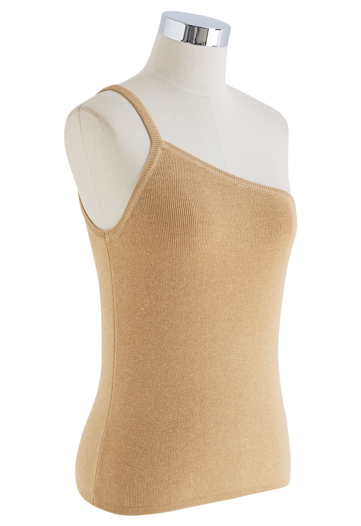 Strappy One-Shoulder Knit Tank Top in Light Tan