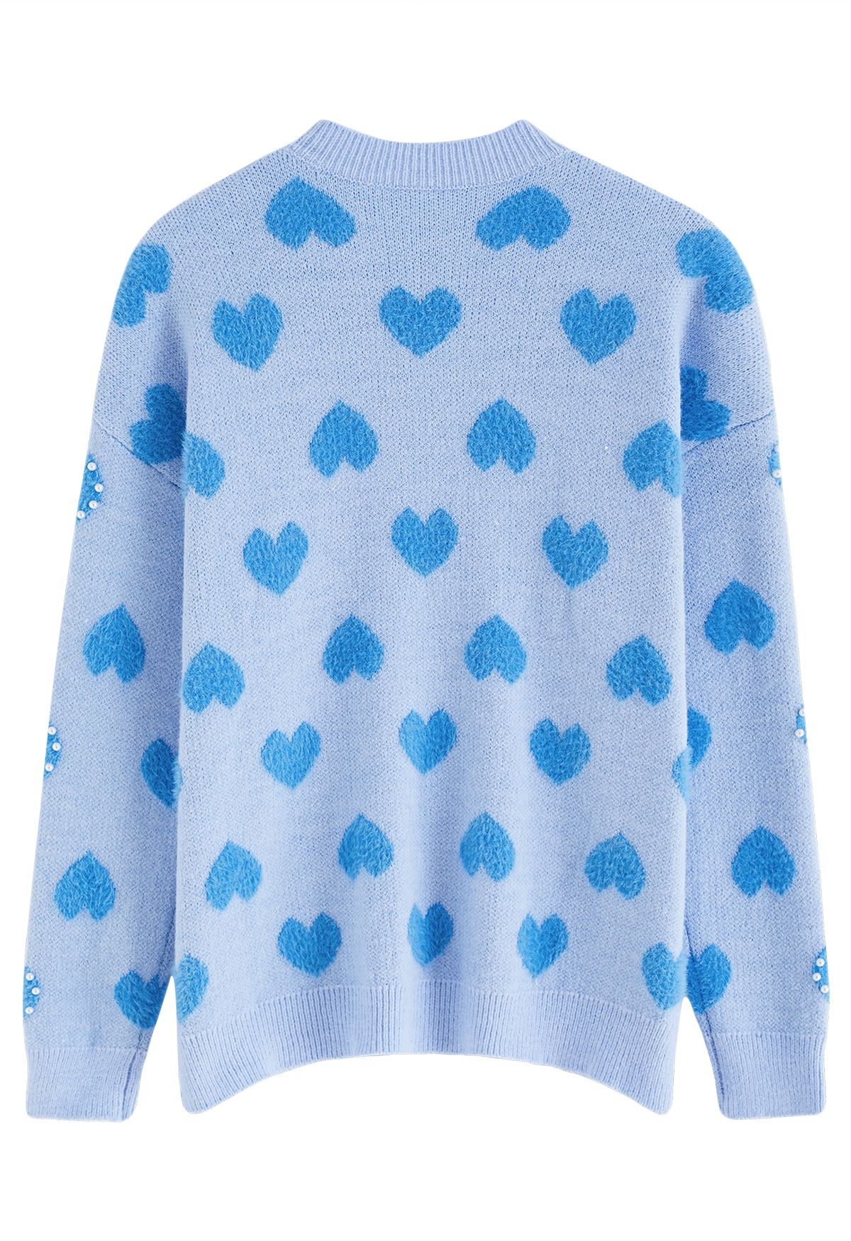 Pearl Trim Fluffy Heart Knit Sweater in Blue