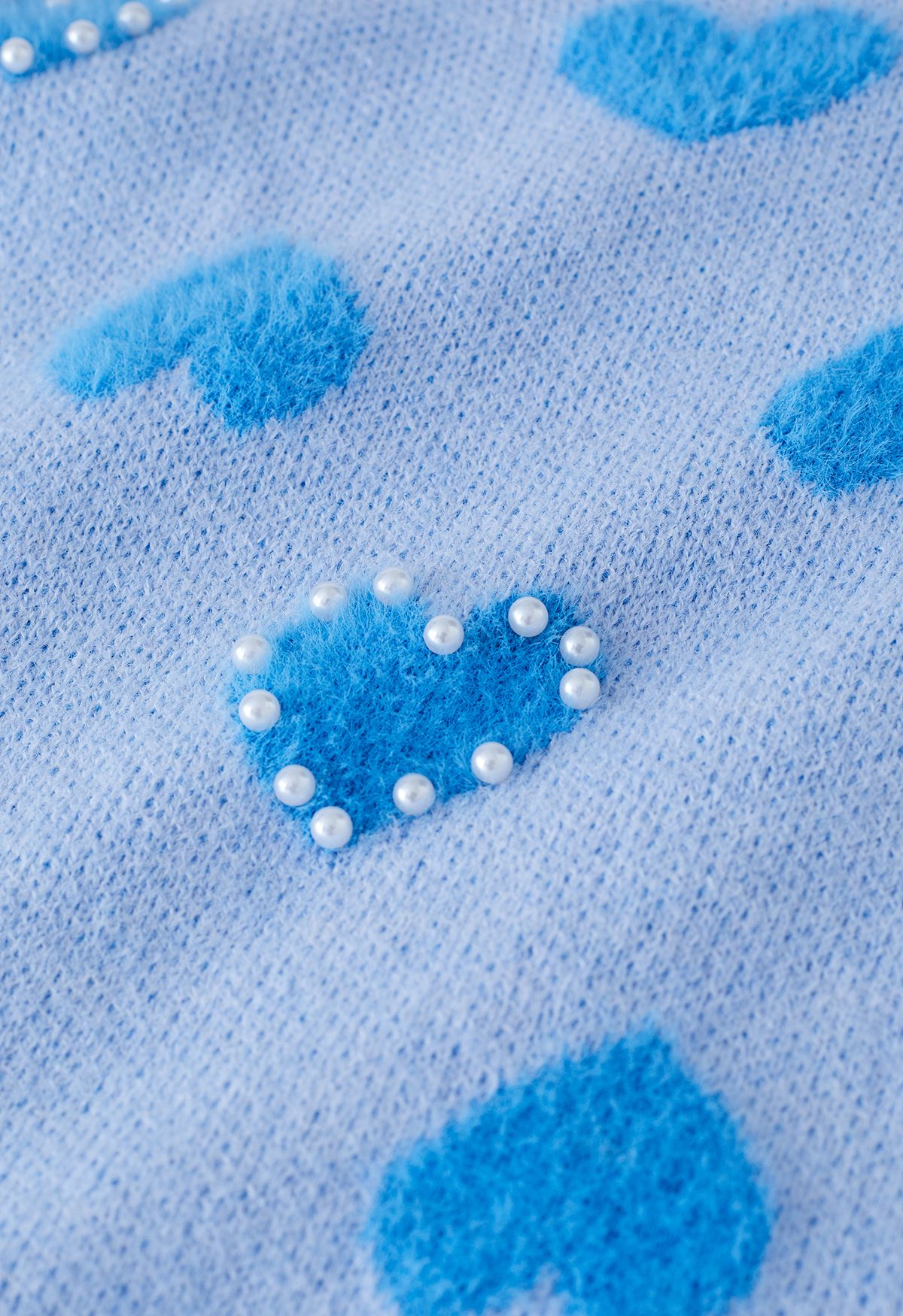 Pearl Trim Fluffy Heart Knit Sweater in Blue