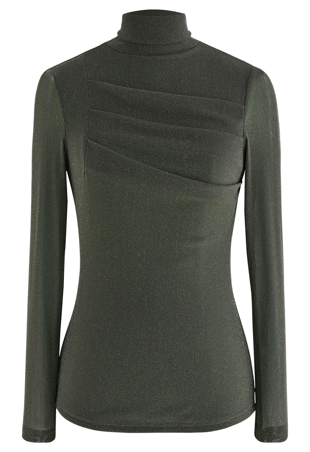 Shimmer Mesh Pleated High Neck Top in Army Green