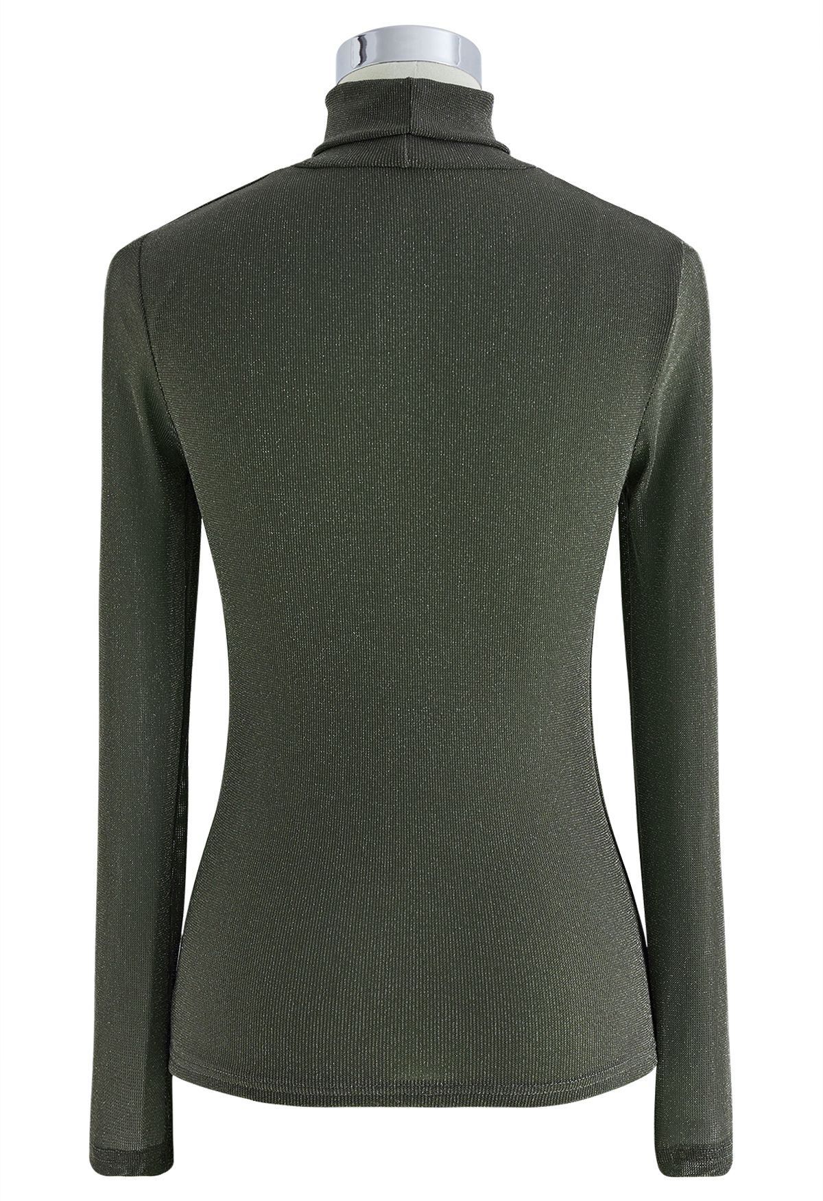 Shimmer Mesh Pleated High Neck Top in Army Green