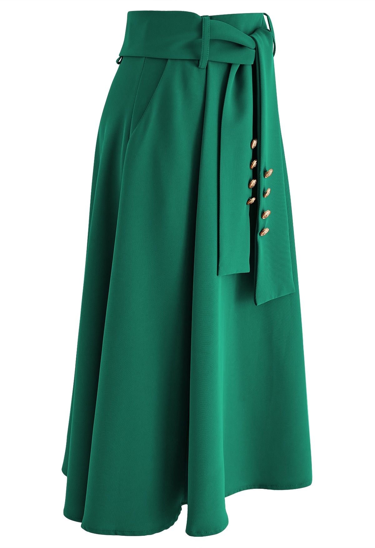 Buttoned Belted Flare Midi Skirt in Green