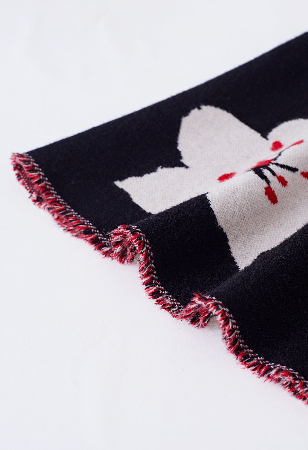 Fringed Hem Floral Knit Midi Skirt