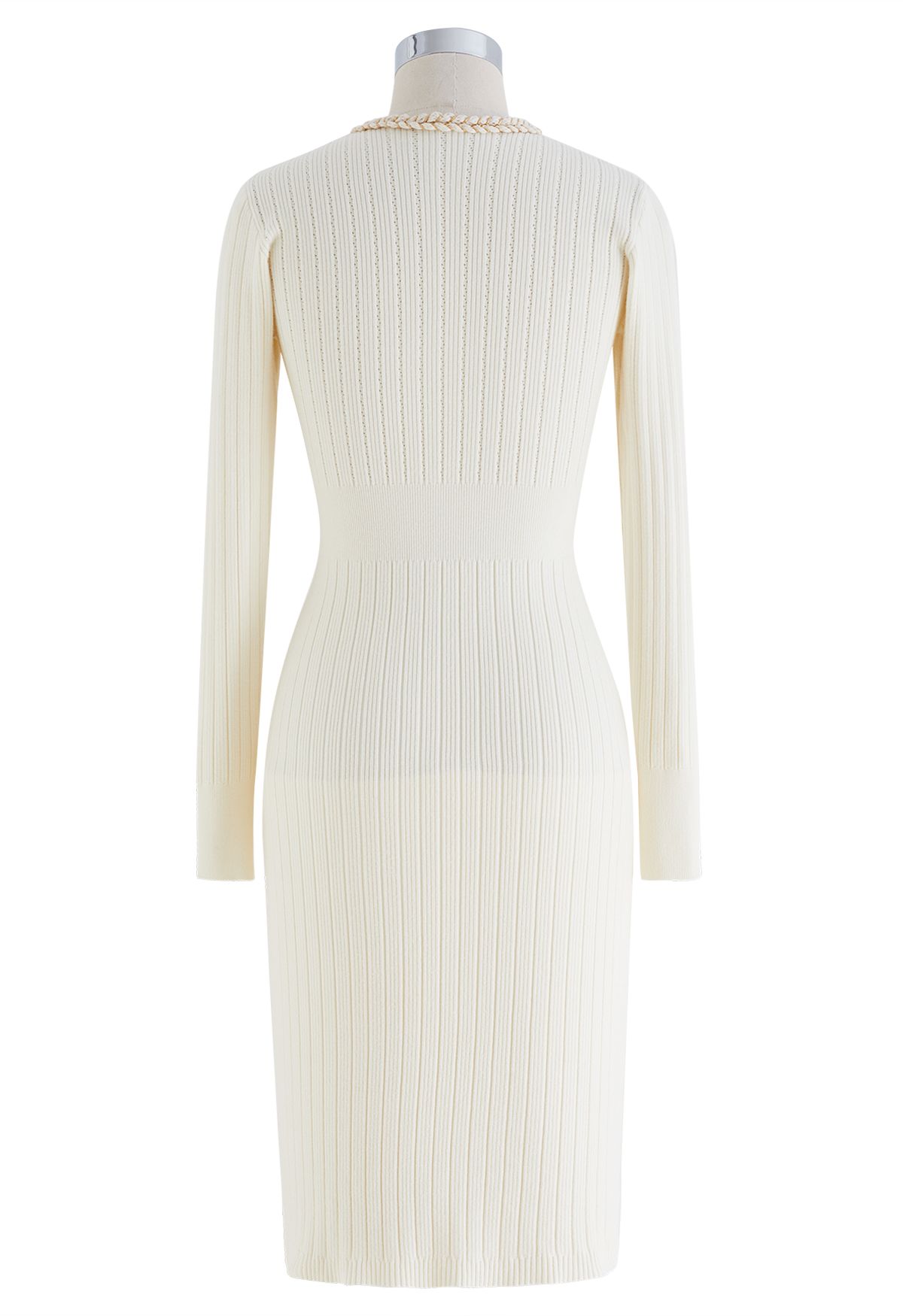 Braided Edge Golden Button Bodycon Knit Dress in Ivory