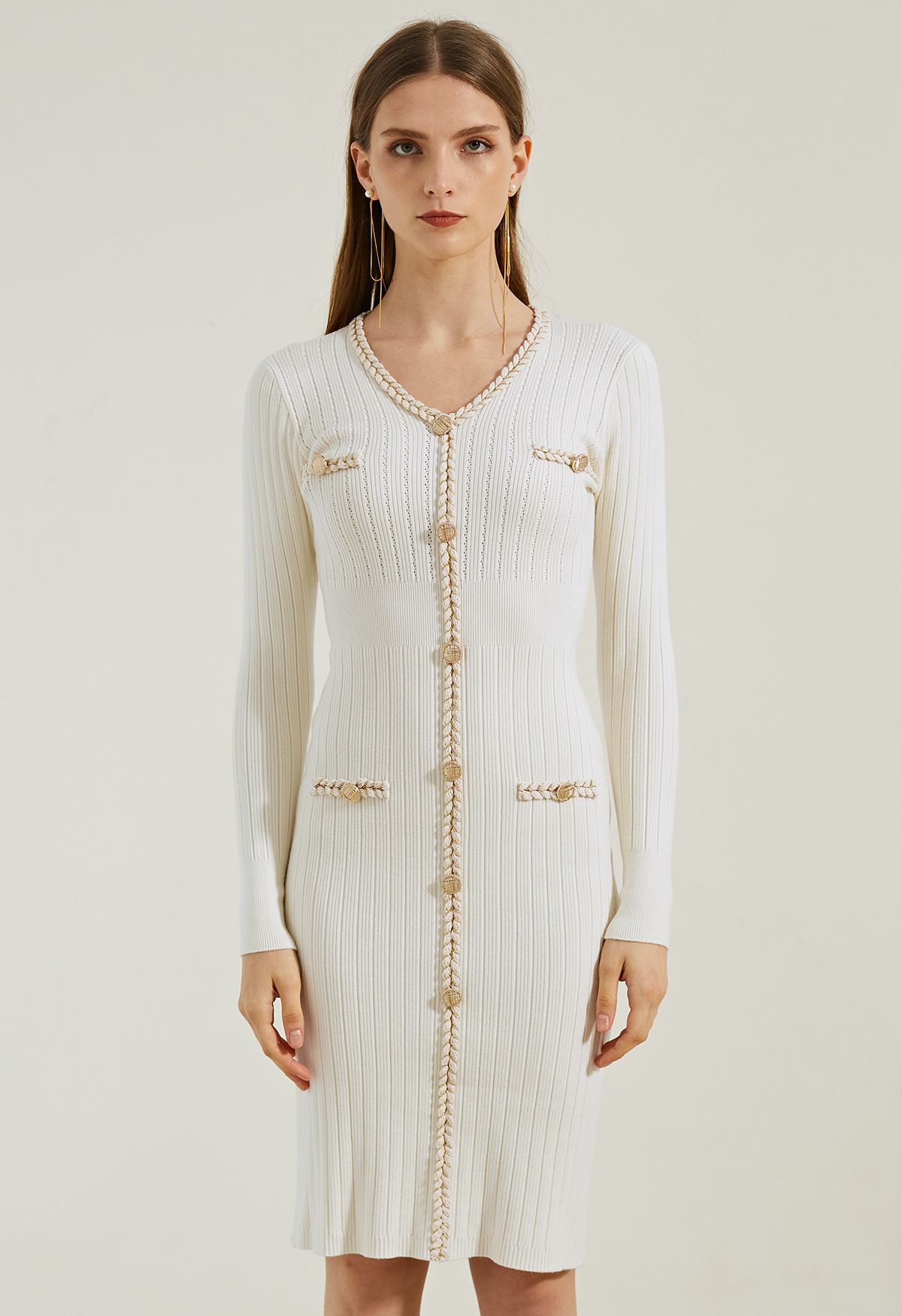 Braided Edge Golden Button Bodycon Knit Dress in Ivory