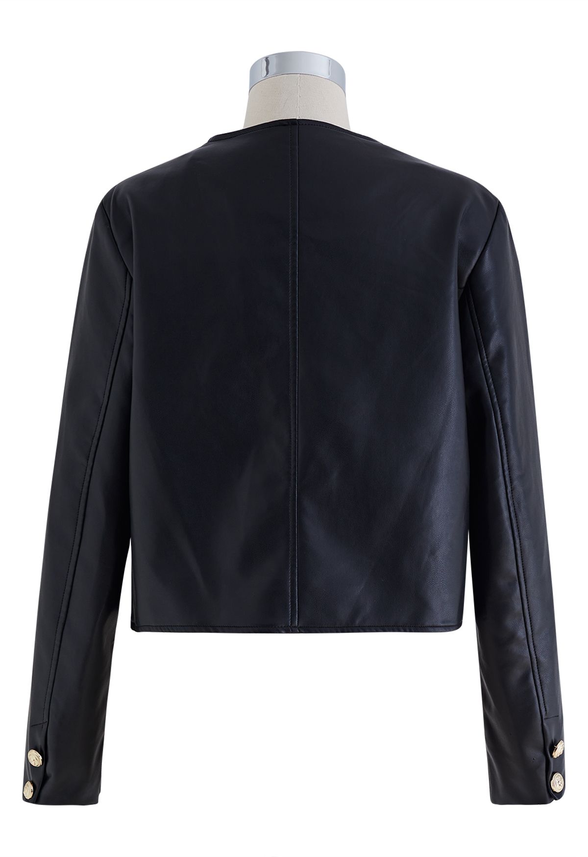 Collarless Double-Breasted Faux Leather Jacket in Black