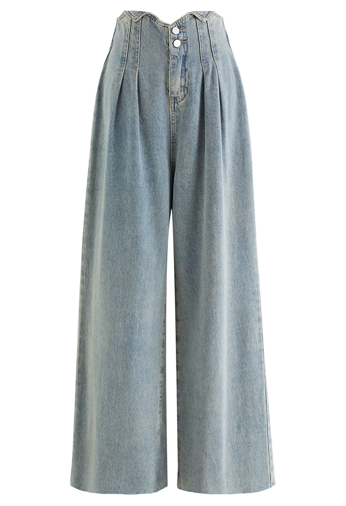 Notched Edge Pleated Wide-Leg Jeans in Light Blue