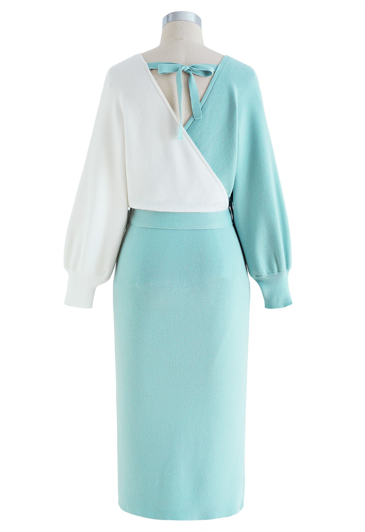 Tie Bow Two-Tone Knit Wrap Midi Dress in Teal