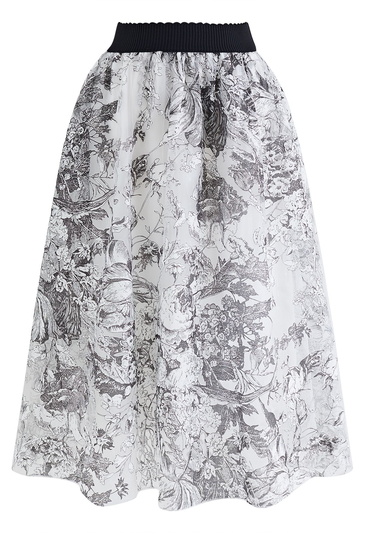 Floral Sketch Bowknot Waist Organza Skirt