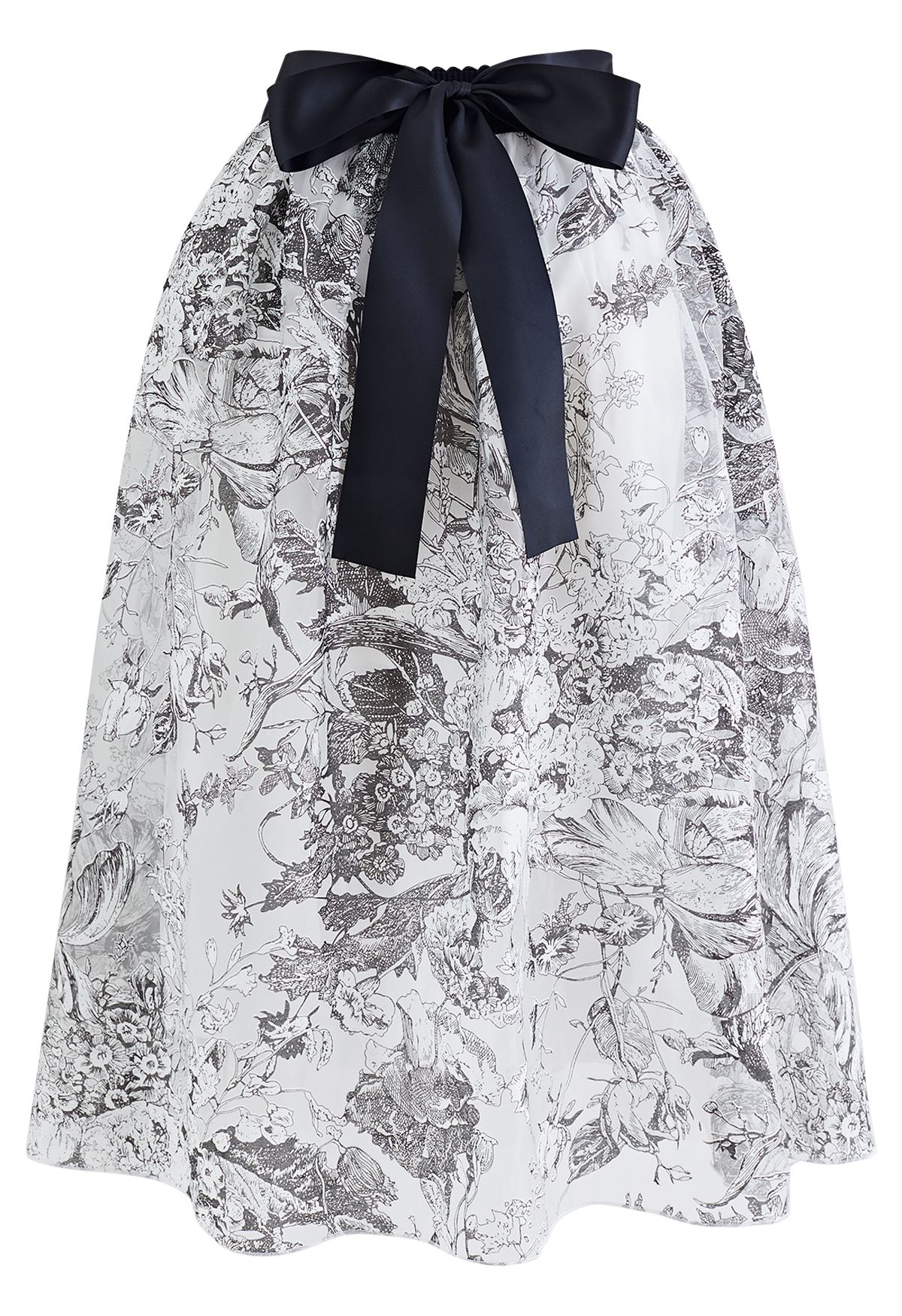 Floral Sketch Bowknot Waist Organza Skirt