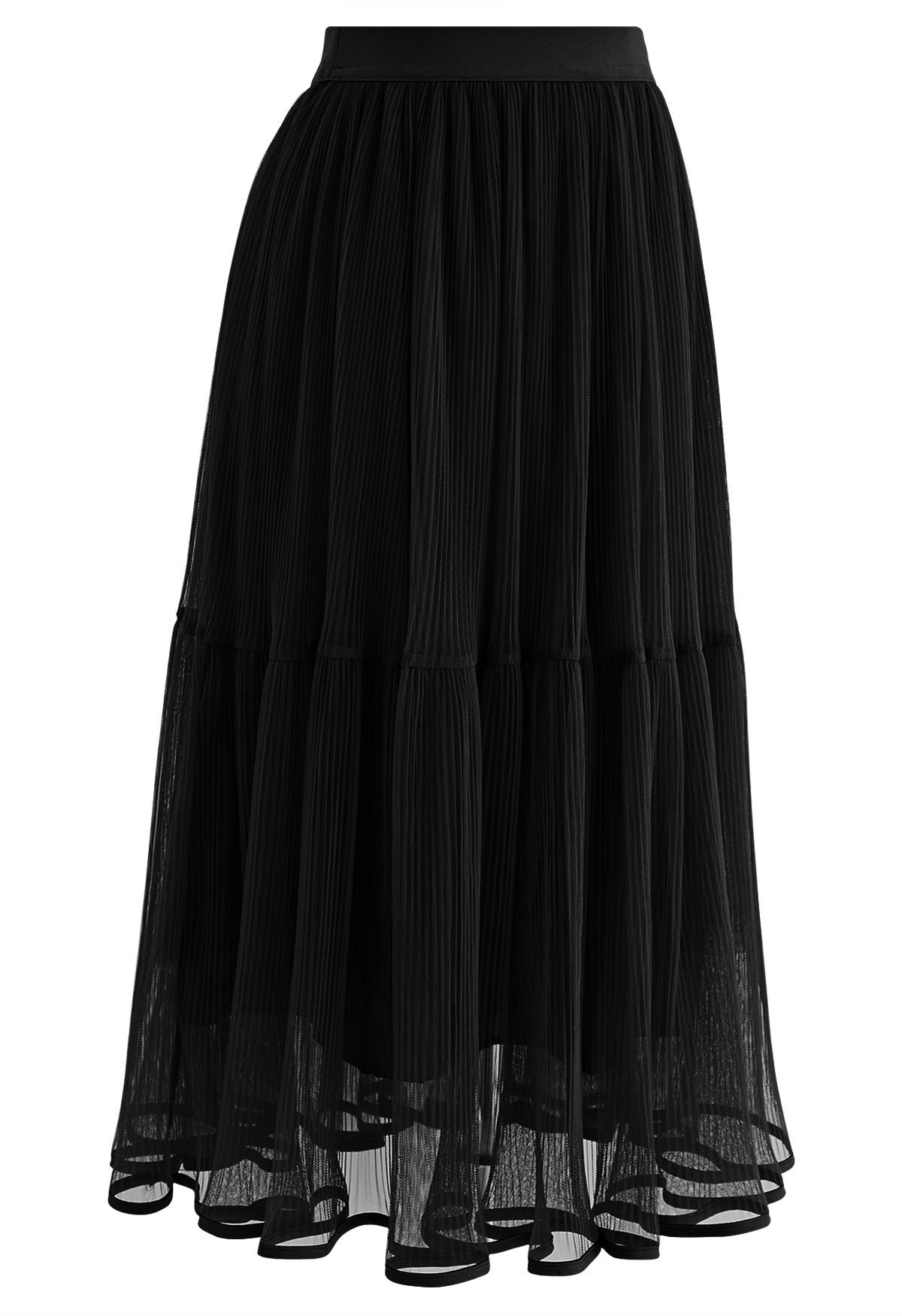 Fairy Plisse Mesh Tulle Midi Skirt in Black