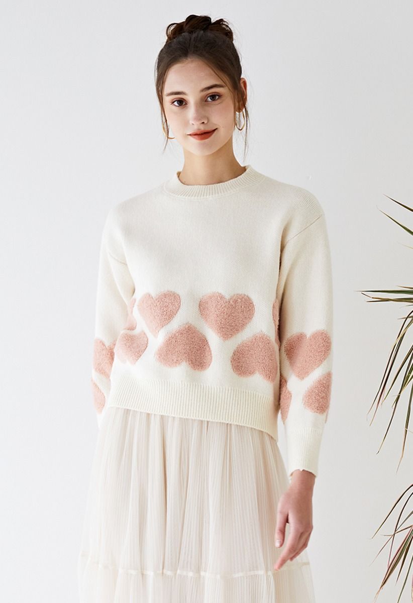 Tender Fuzzy Heart Jacquard Knit Sweater in Ivory