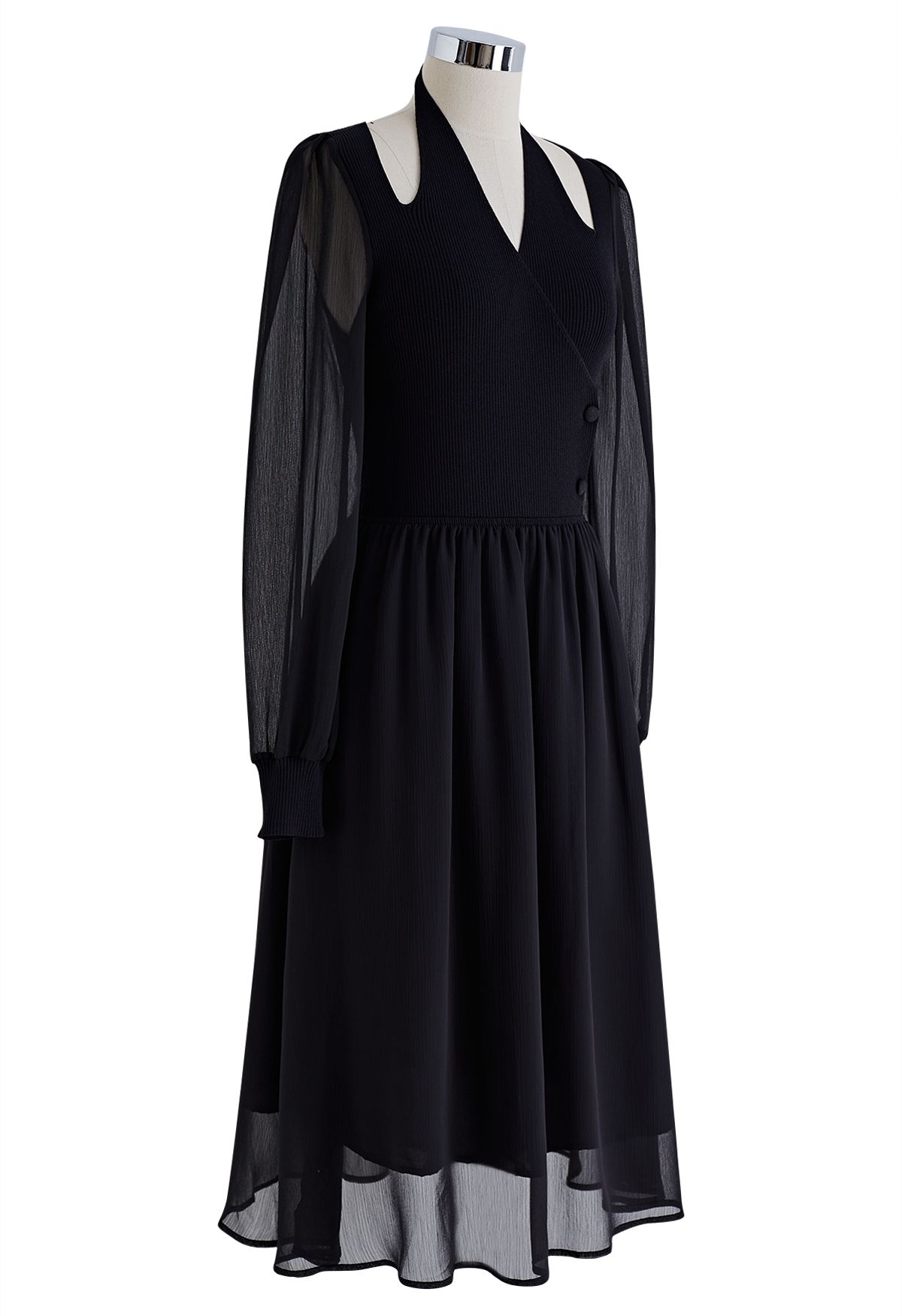 Knit Spliced Halter Neck Sheer Midi Dress in Black
