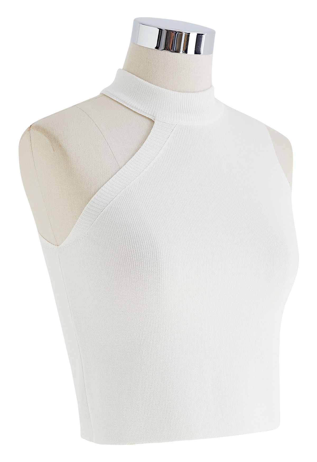 Asymmetric Halter Neck Knit Crop Top in White