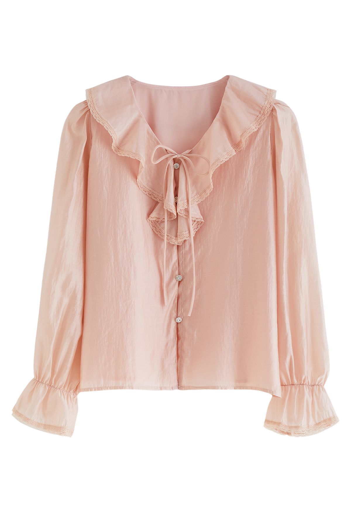 Ruffle V-Neck Tie-String Sheer Shirt in Peach