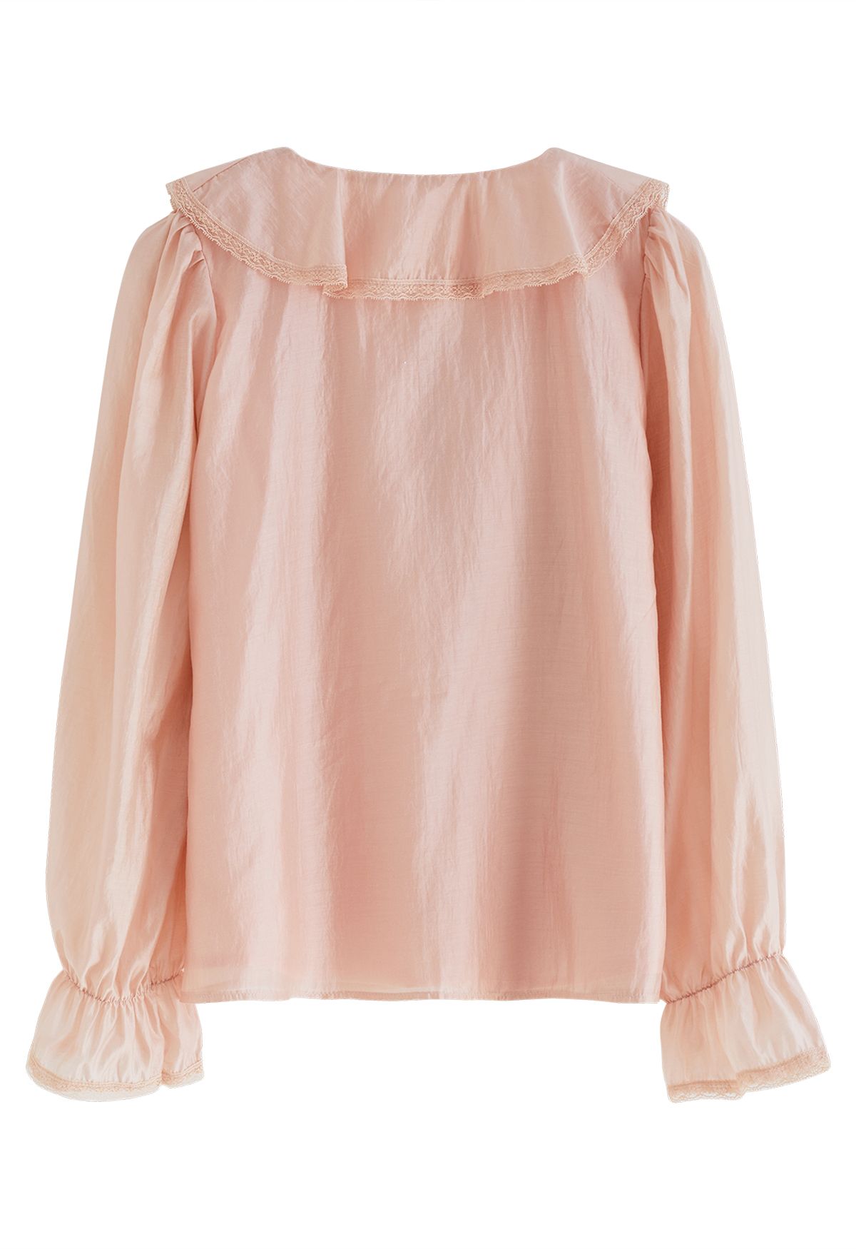 Ruffle V-Neck Tie-String Sheer Shirt in Peach