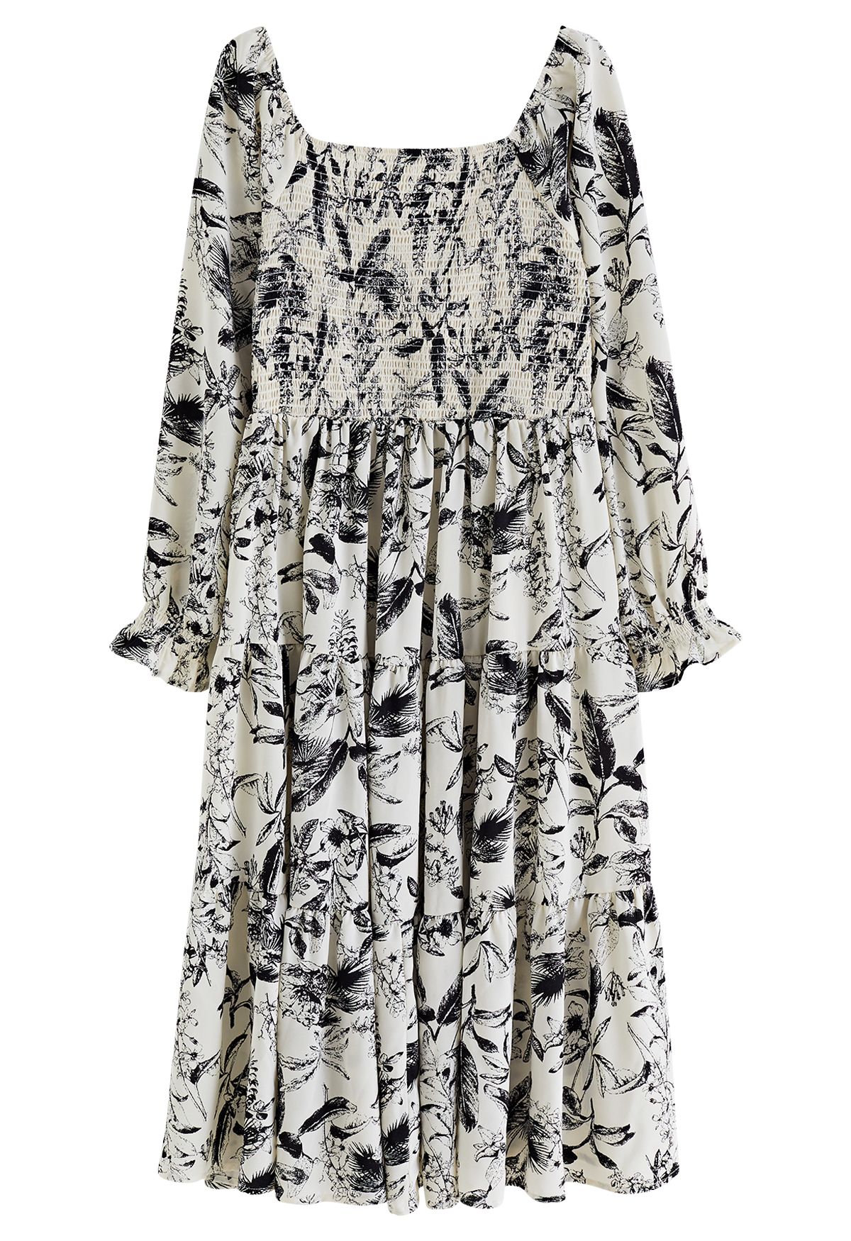 Inky Botanical Print Square Neck Midi Dress