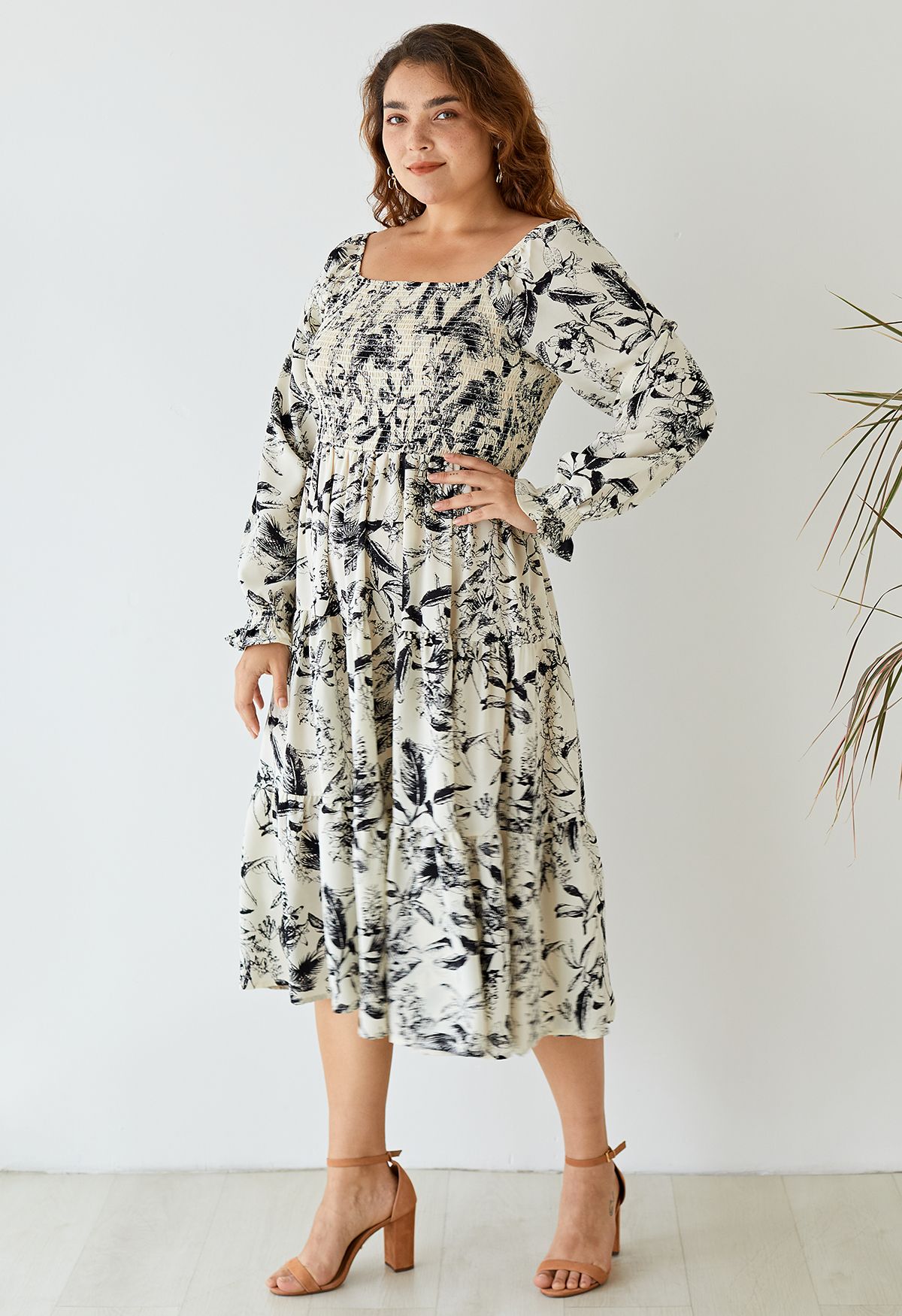 Inky Botanical Print Square Neck Midi Dress