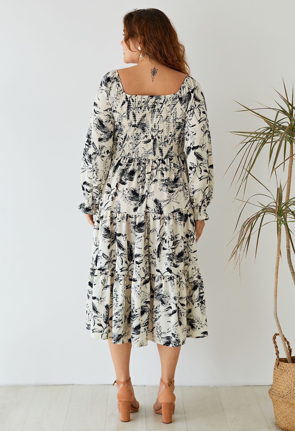 Inky Botanical Print Square Neck Midi Dress