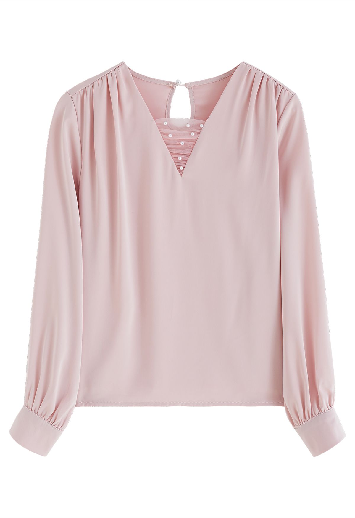 Pearl Mesh Spliced V-Neck Satin Top in Pink