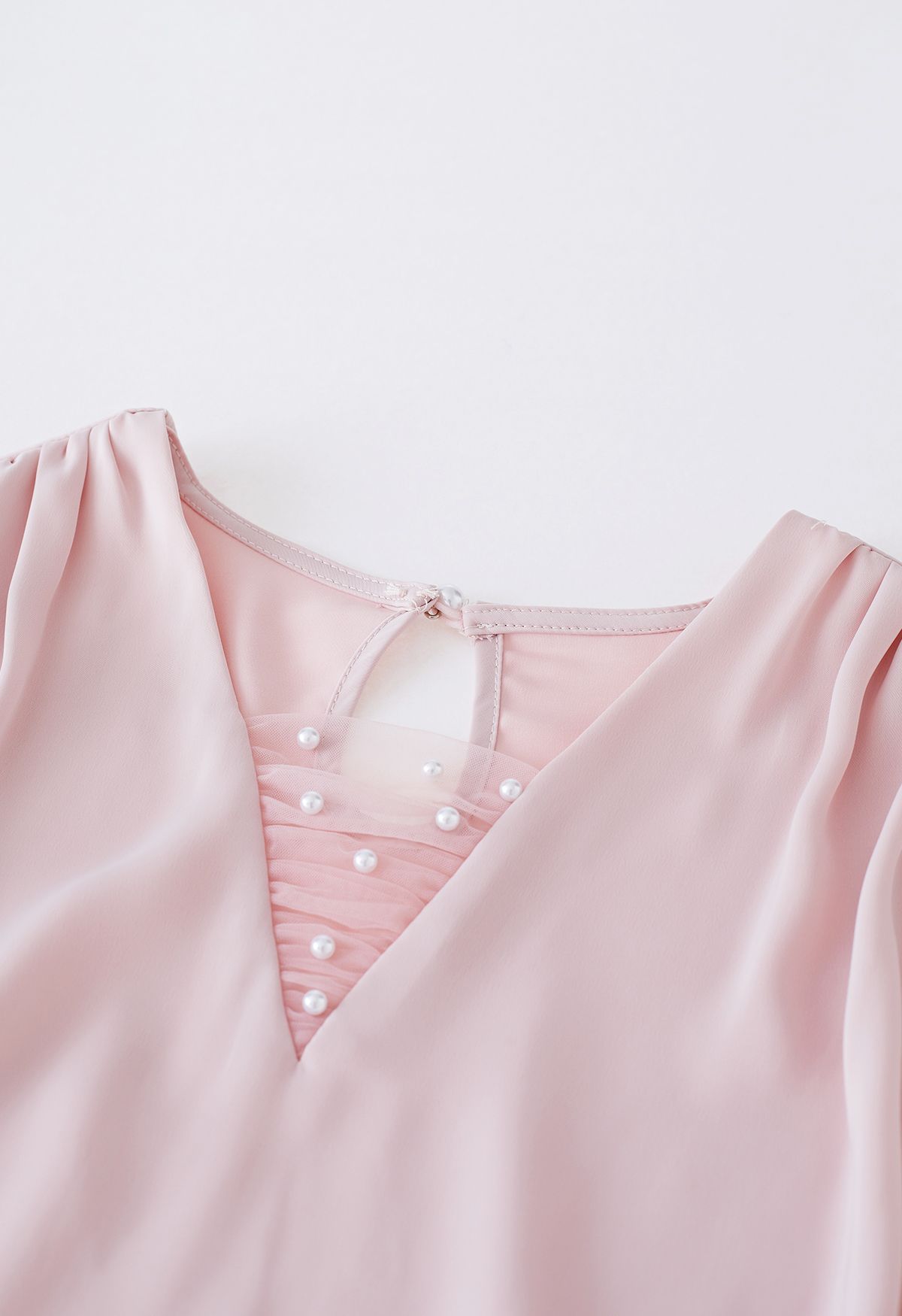 Pearl Mesh Spliced V-Neck Satin Top in Pink