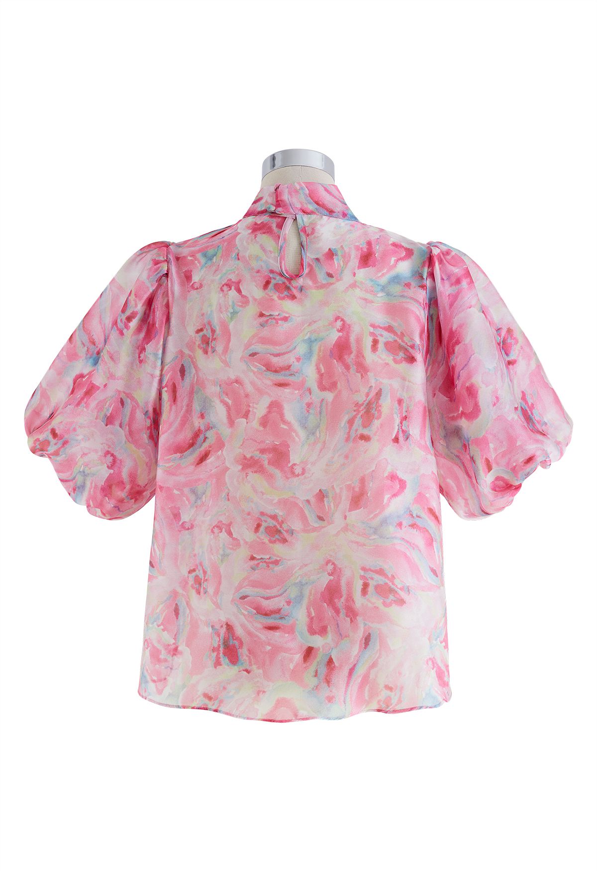 Bowknot Short Bubble Sleeve Floral Top in Pink