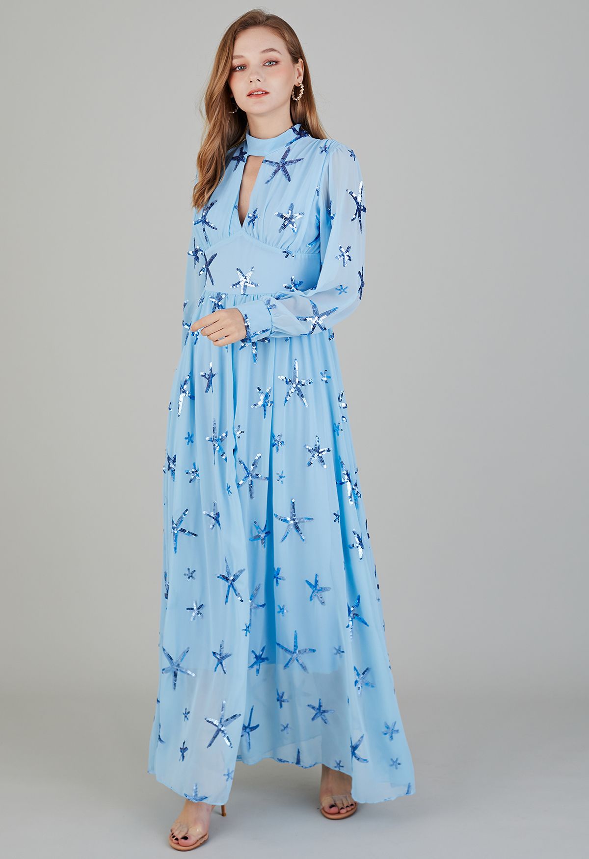 Stars Sequin-Embellished Front Slip Maxi Dress in Blue