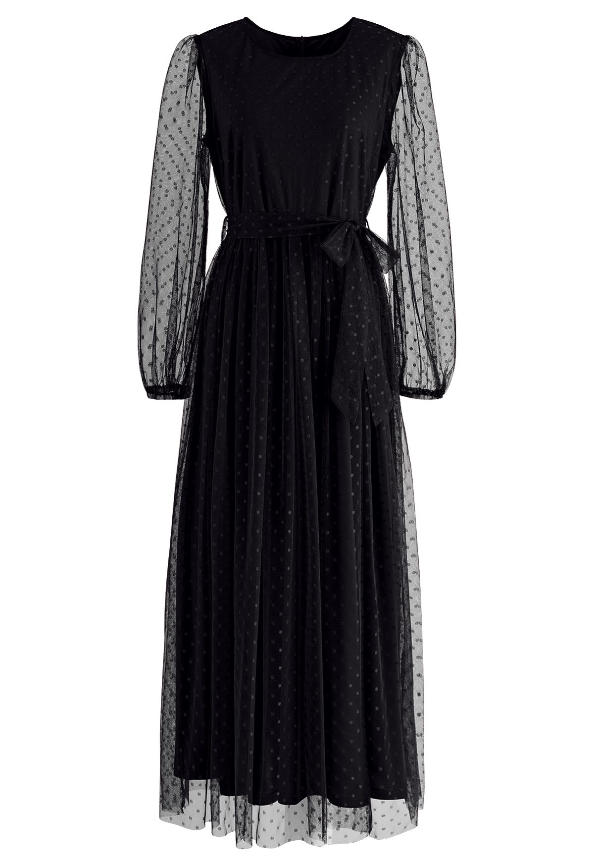 Lovely Dotted Mesh Maxi Dress in Black