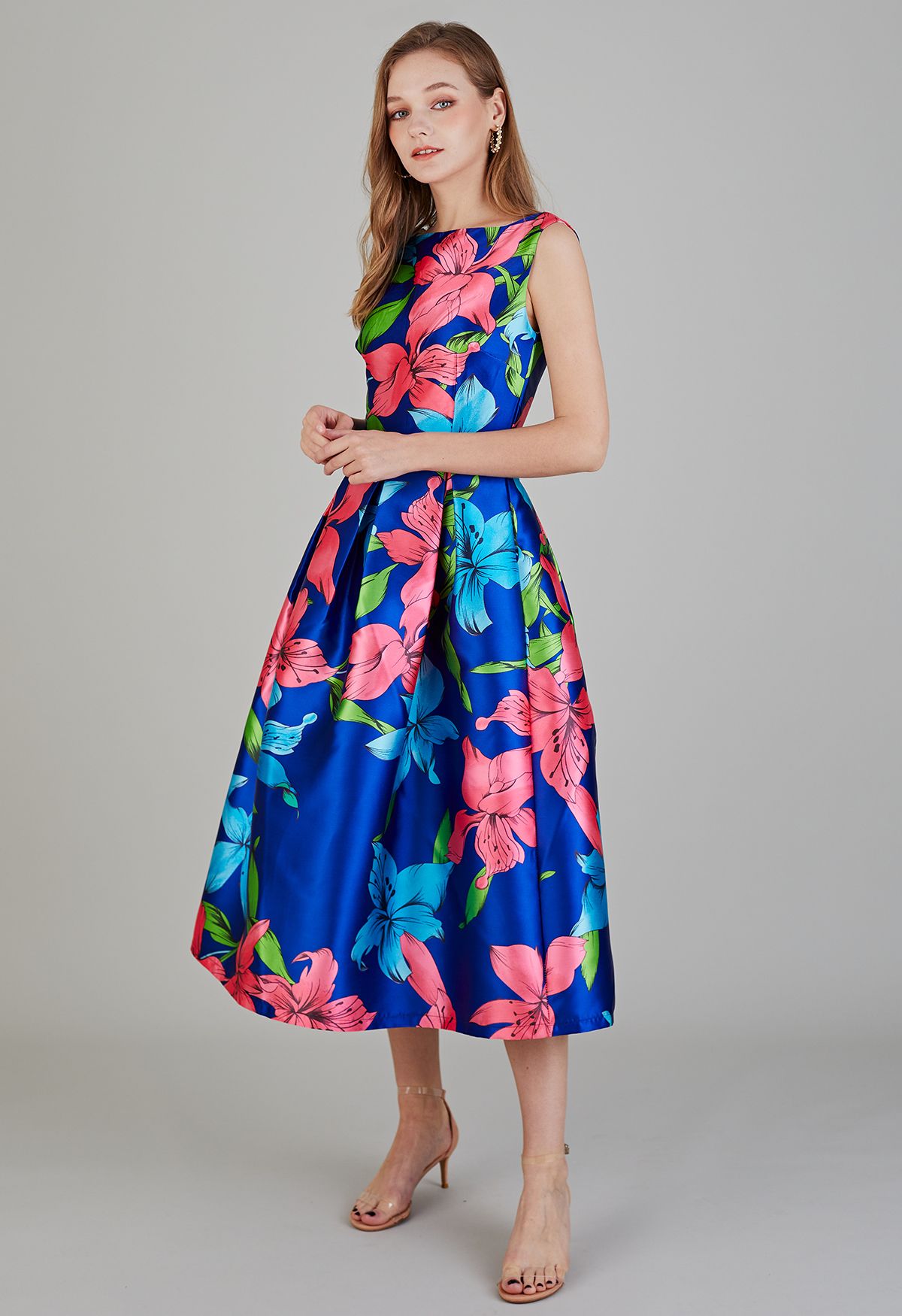 Flamboyant Blossom Sleeveless Midi Dress