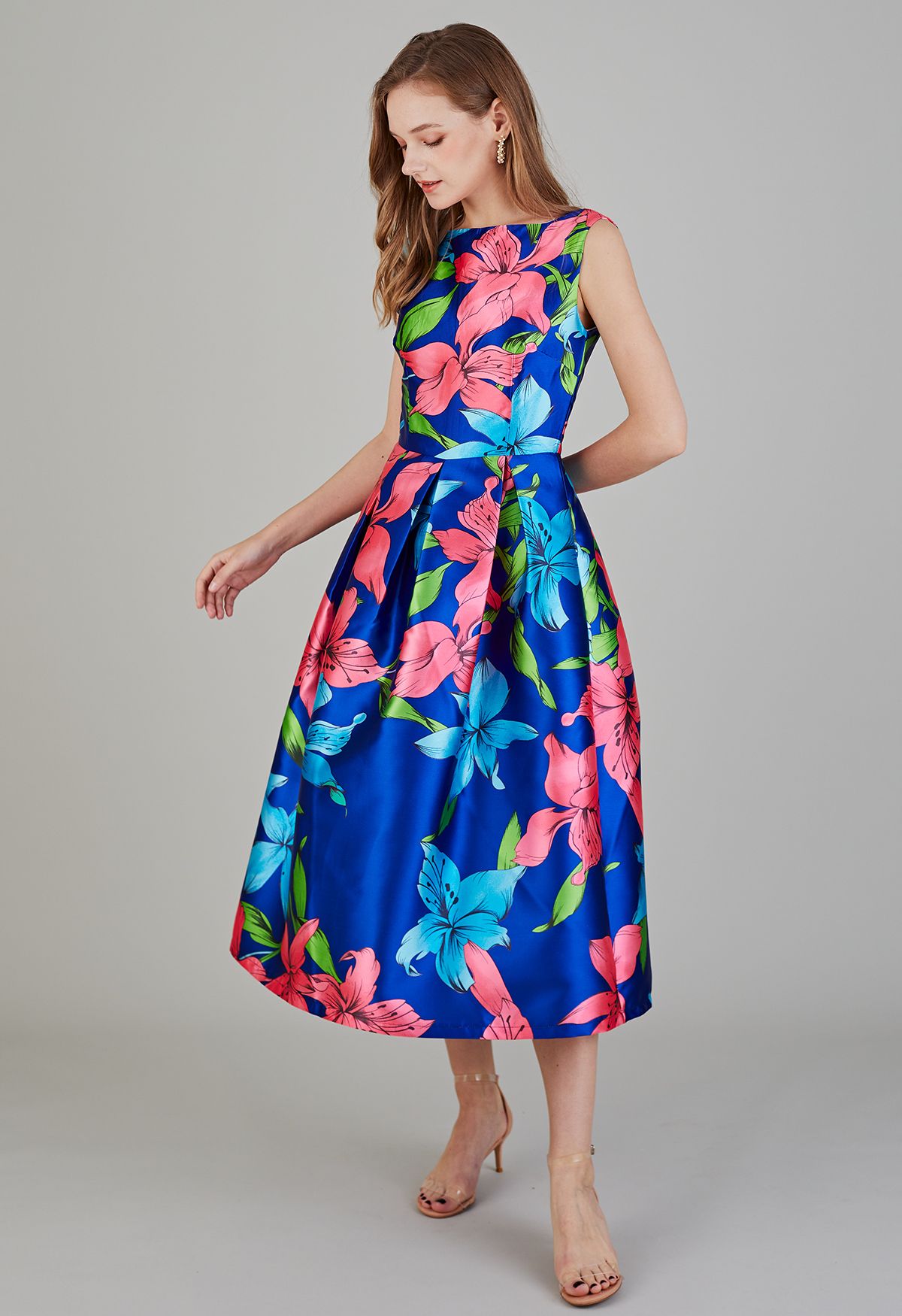 Flamboyant Blossom Sleeveless Midi Dress