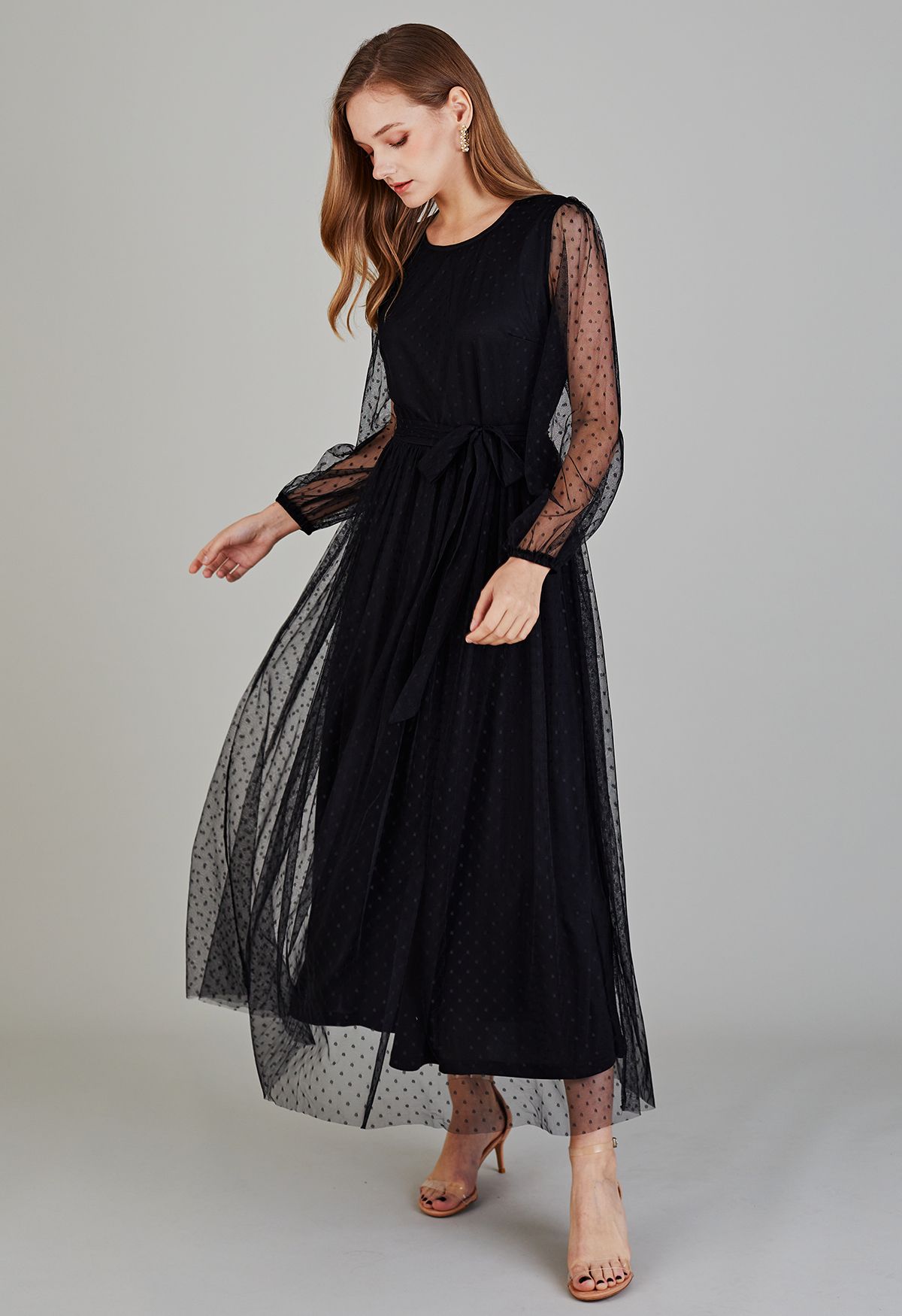 Lovely Dotted Mesh Maxi Dress in Black