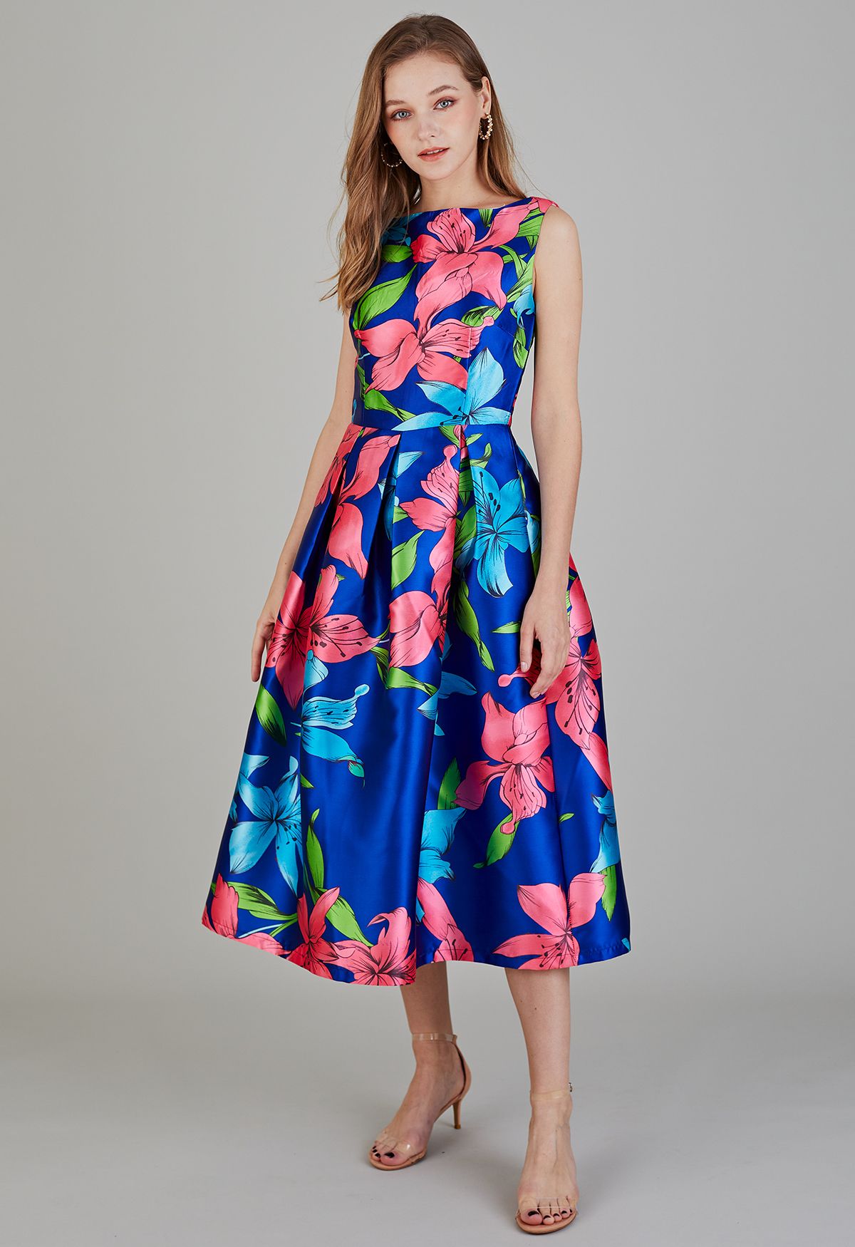 Flamboyant Blossom Sleeveless Midi Dress