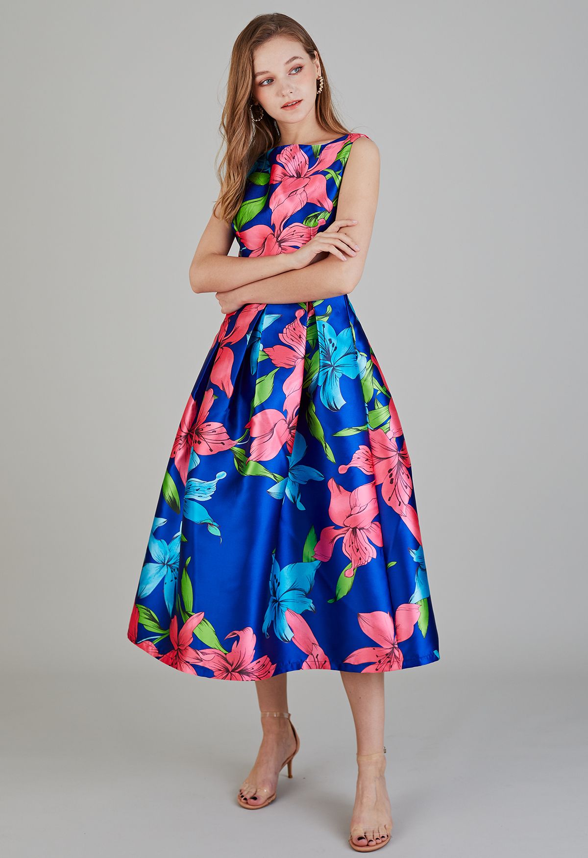 Flamboyant Blossom Sleeveless Midi Dress