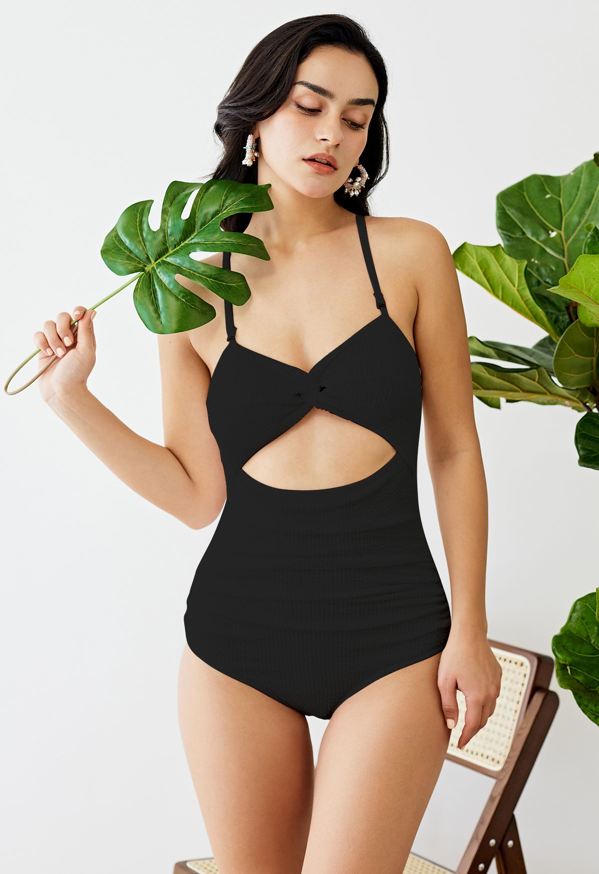 Twisted Cutout Wavy Textured Swimsuit in Black