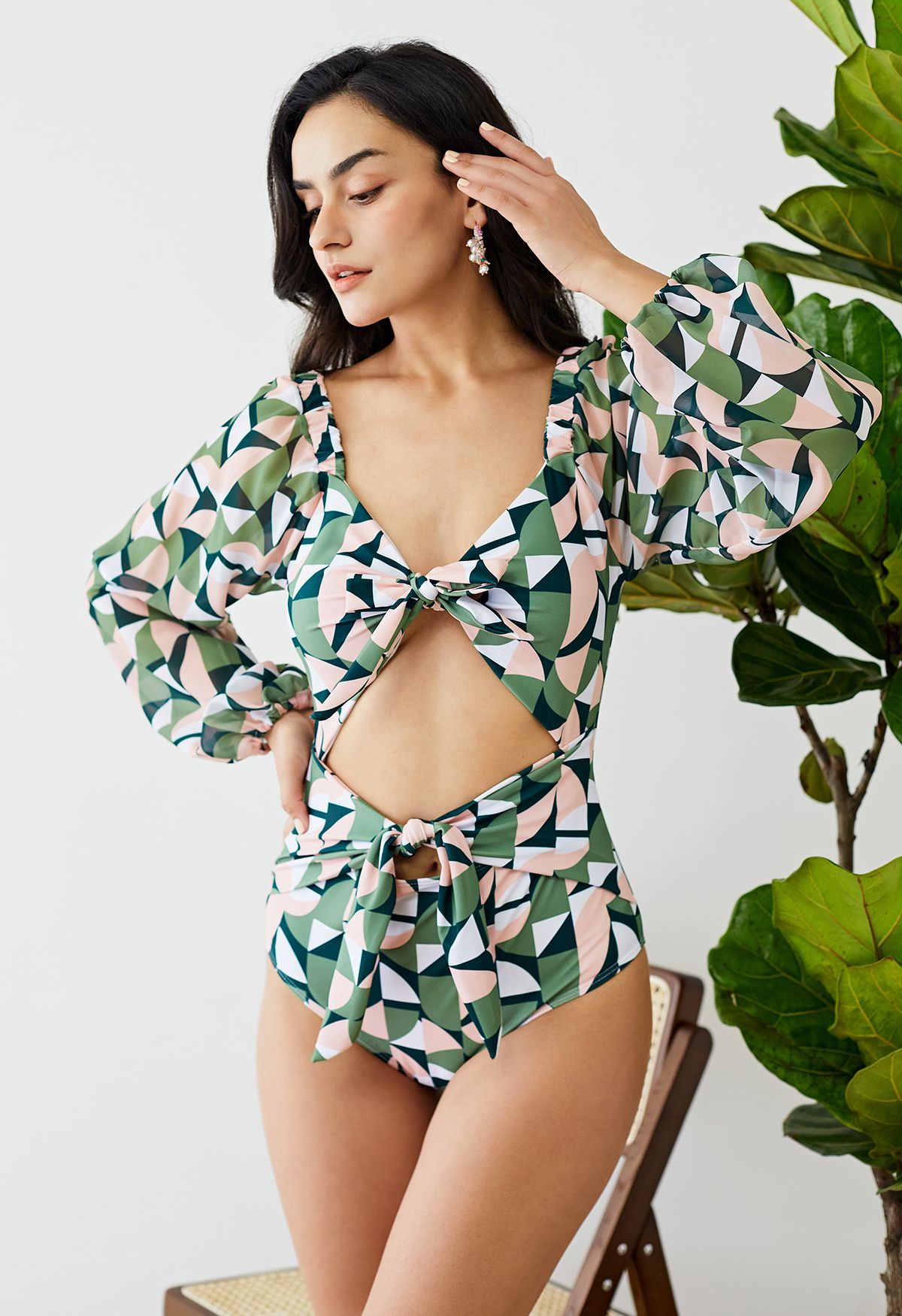 Geometric Pattern Twisted Front Cutout Swimsuit in Green