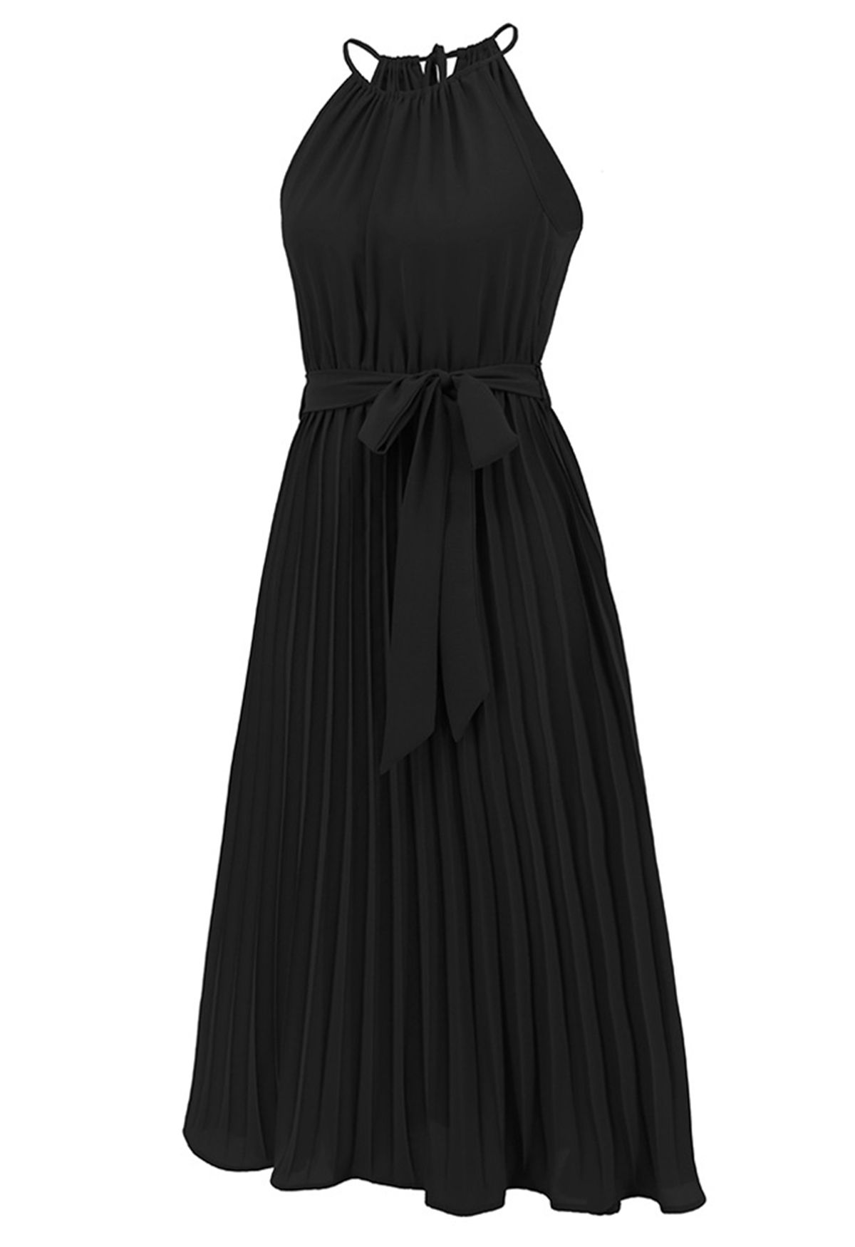 Halter Neck Tie Waist Pleated Dress in Black