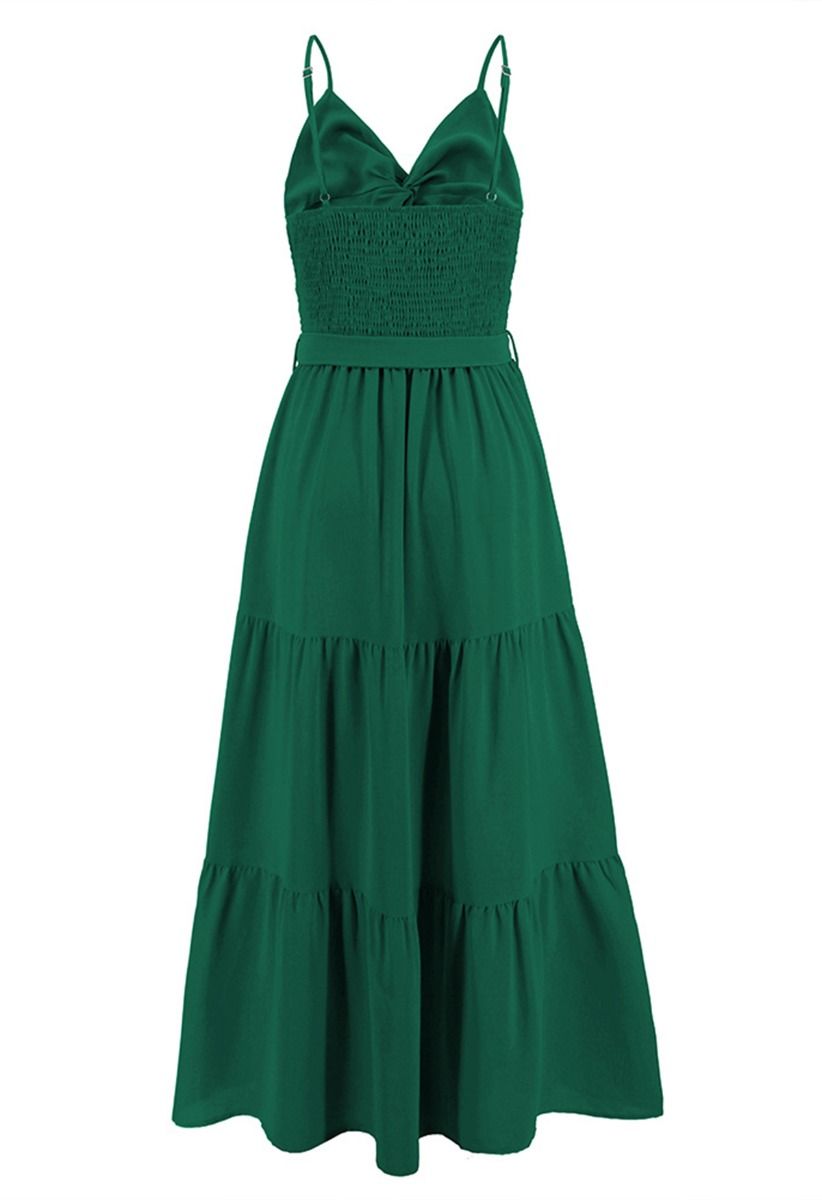 Twist Cutout Shirred Cami Maxi Dress in Green