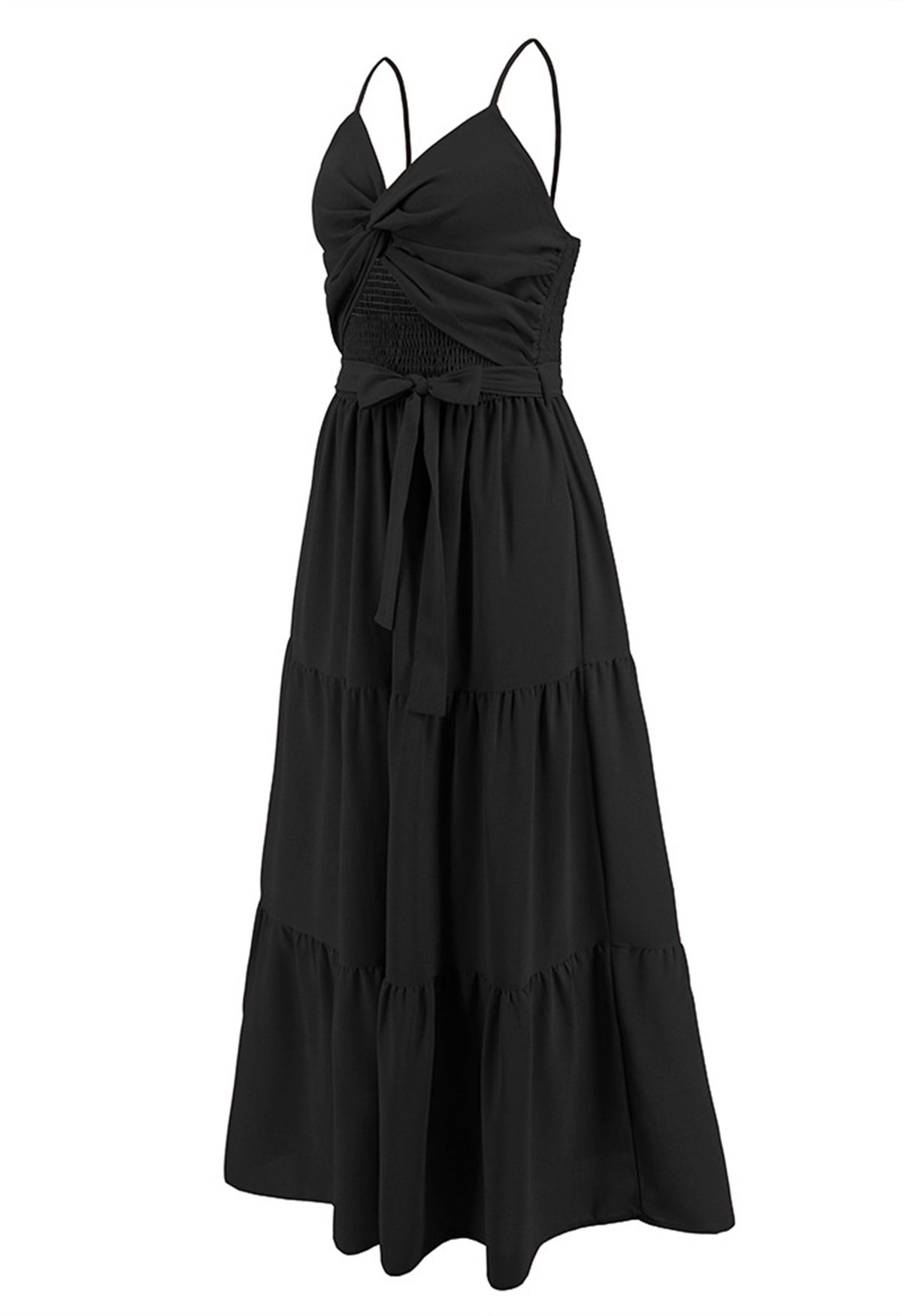 Twist Cutout Shirred Cami Maxi Dress in Black