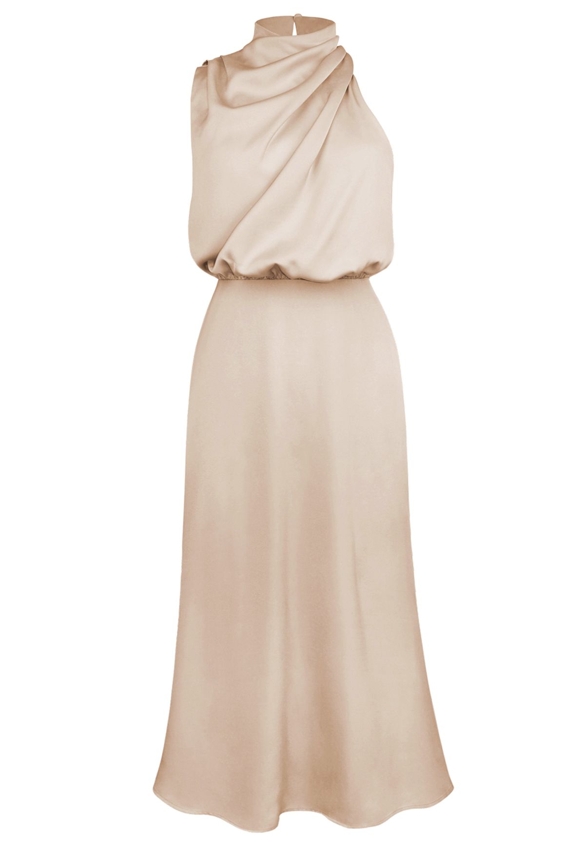 Asymmetric Ruched Neckline Sleeveless Dress in Apricot